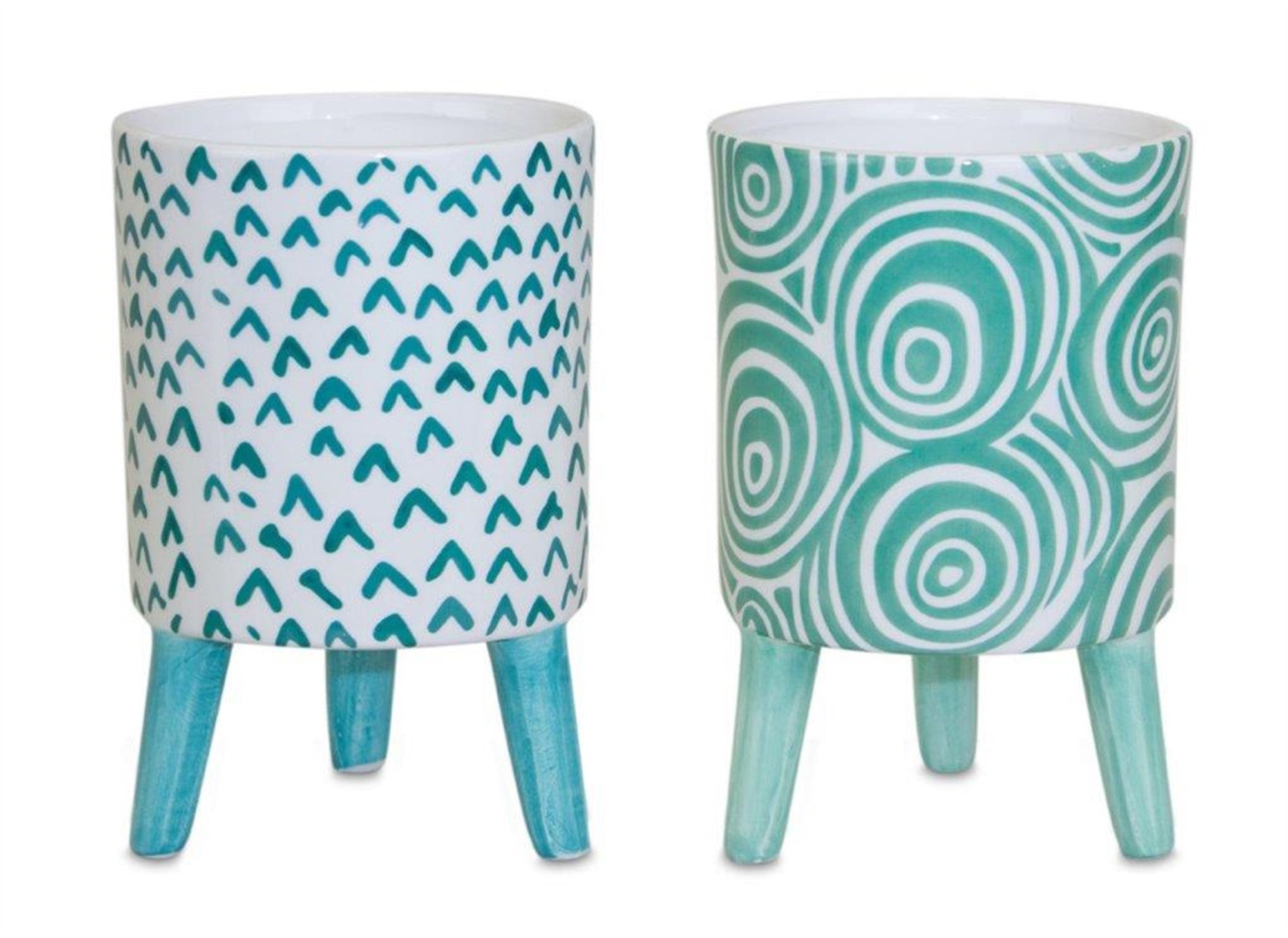 Set of Two Aqua Teal And White Ceramic 2 Ounce Chevron Round Distressed Pot Planters-4
