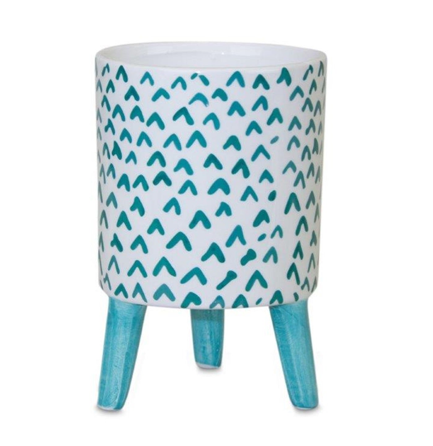Set of Two Aqua Teal And White Ceramic 2 Ounce Chevron Round Distressed Pot Planters-3