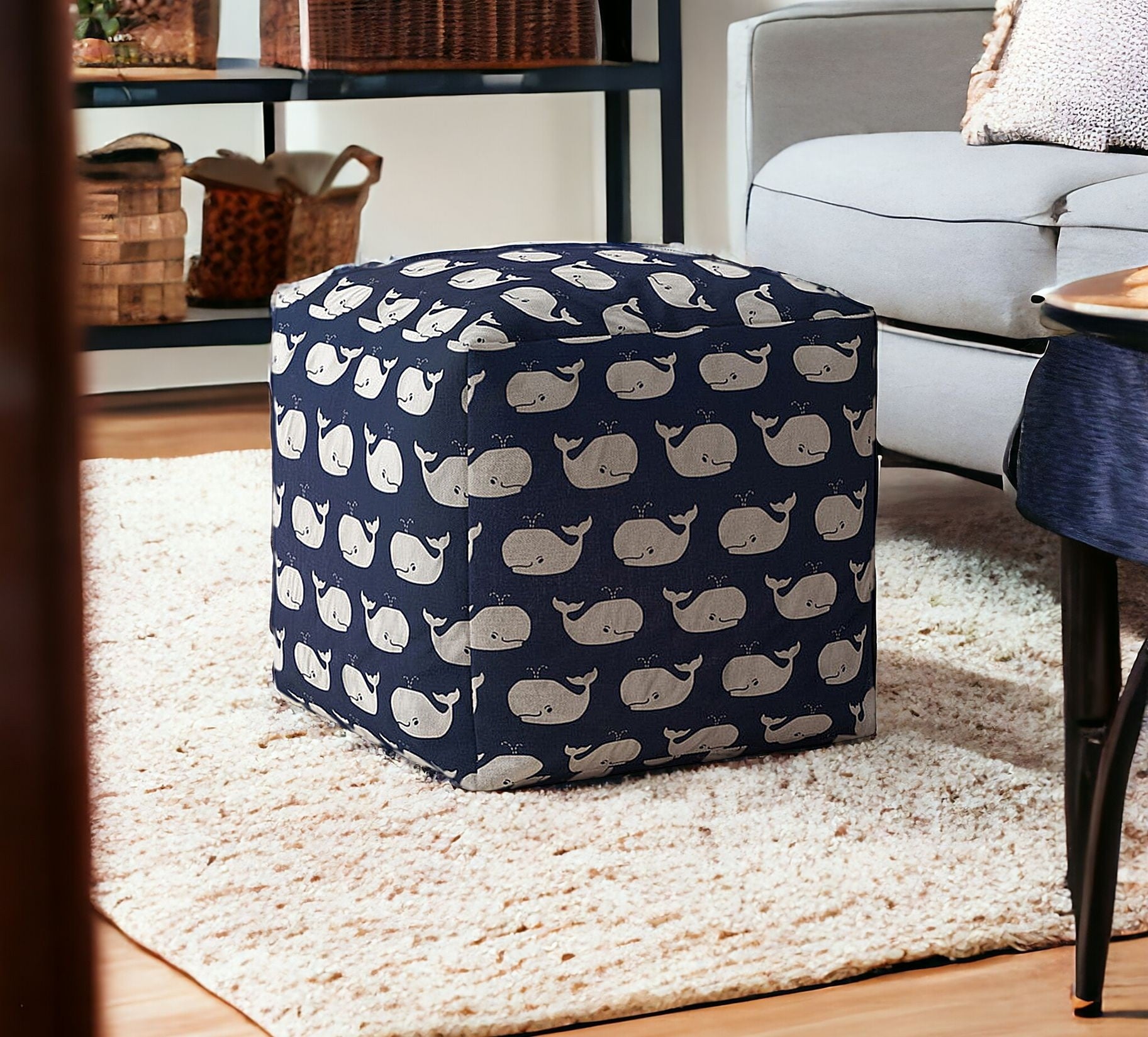 17" Blue Twill Whale Pouf Cover-0