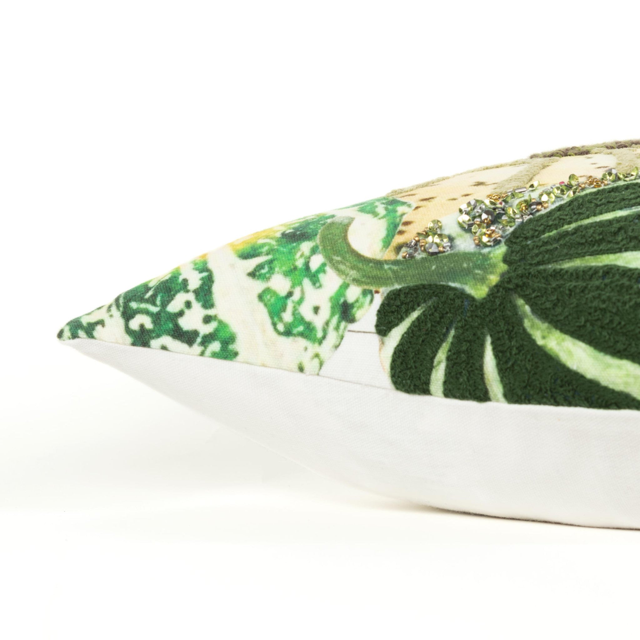 20" Green and White Thanksgiving Cotton Pillow With Embroidery, Beads Edges-1