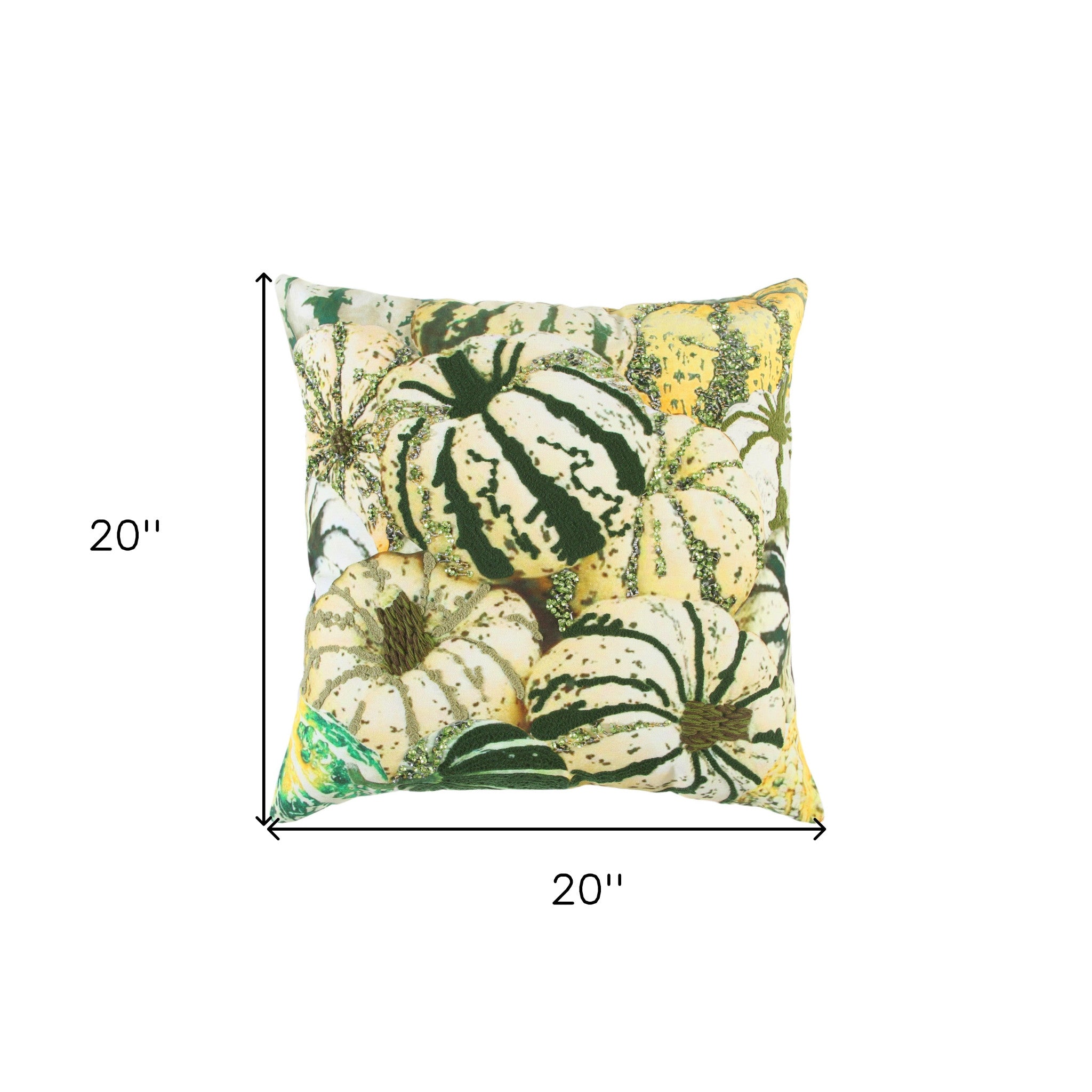 20" Green and White Thanksgiving Cotton Pillow With Embroidery, Beads Edges-2