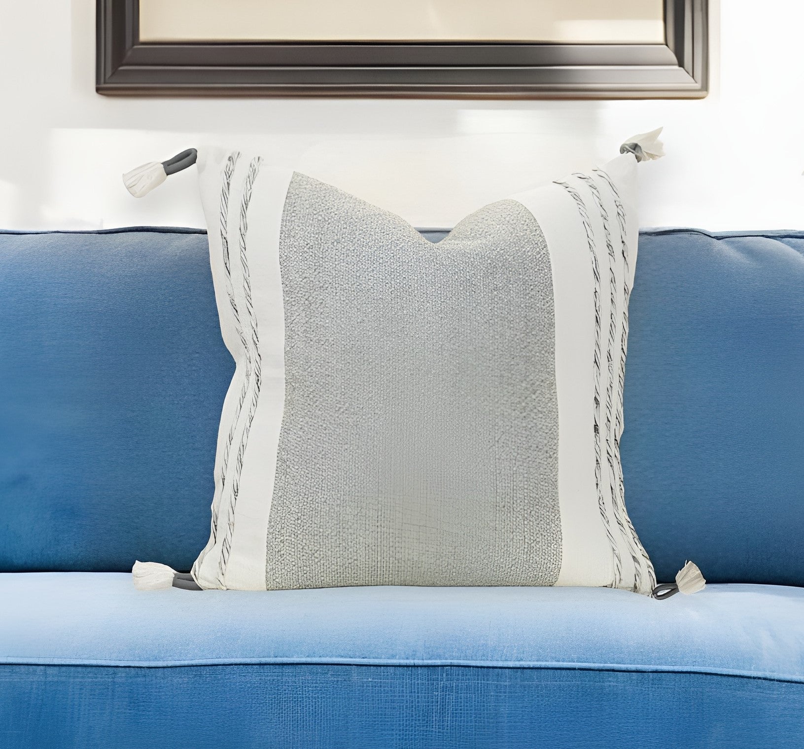 20" Gray and White Color Block Cotton Throw Pillow With Tassels-0