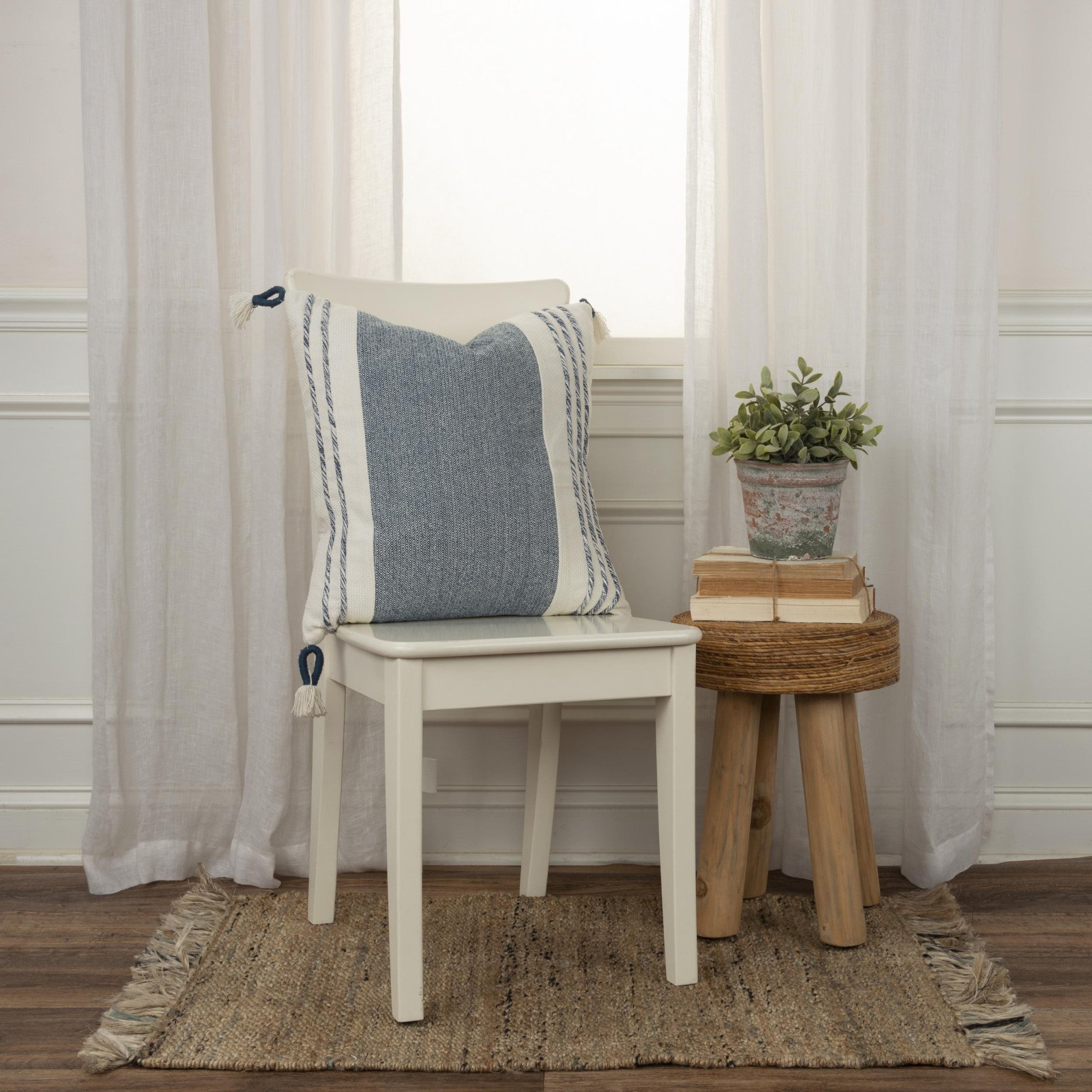 20" Blue and White Color Block Cotton Throw Pillow With Tassels-3