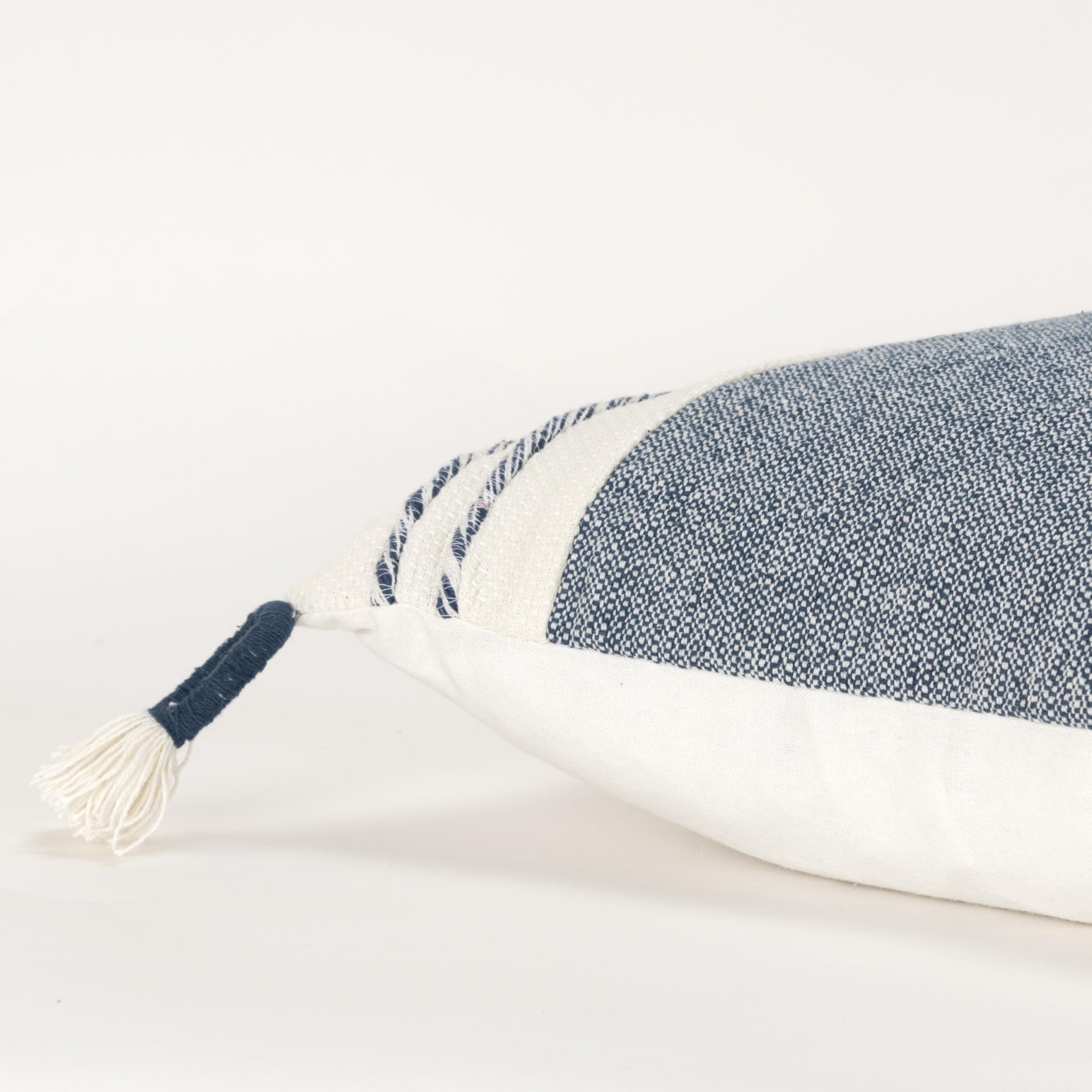20" Blue and White Color Block Cotton Throw Pillow With Tassels-2