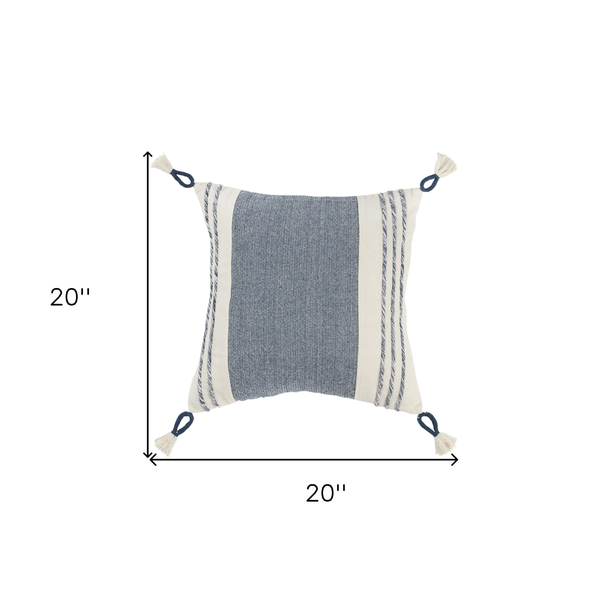 20" Blue and White Color Block Cotton Throw Pillow With Tassels-5
