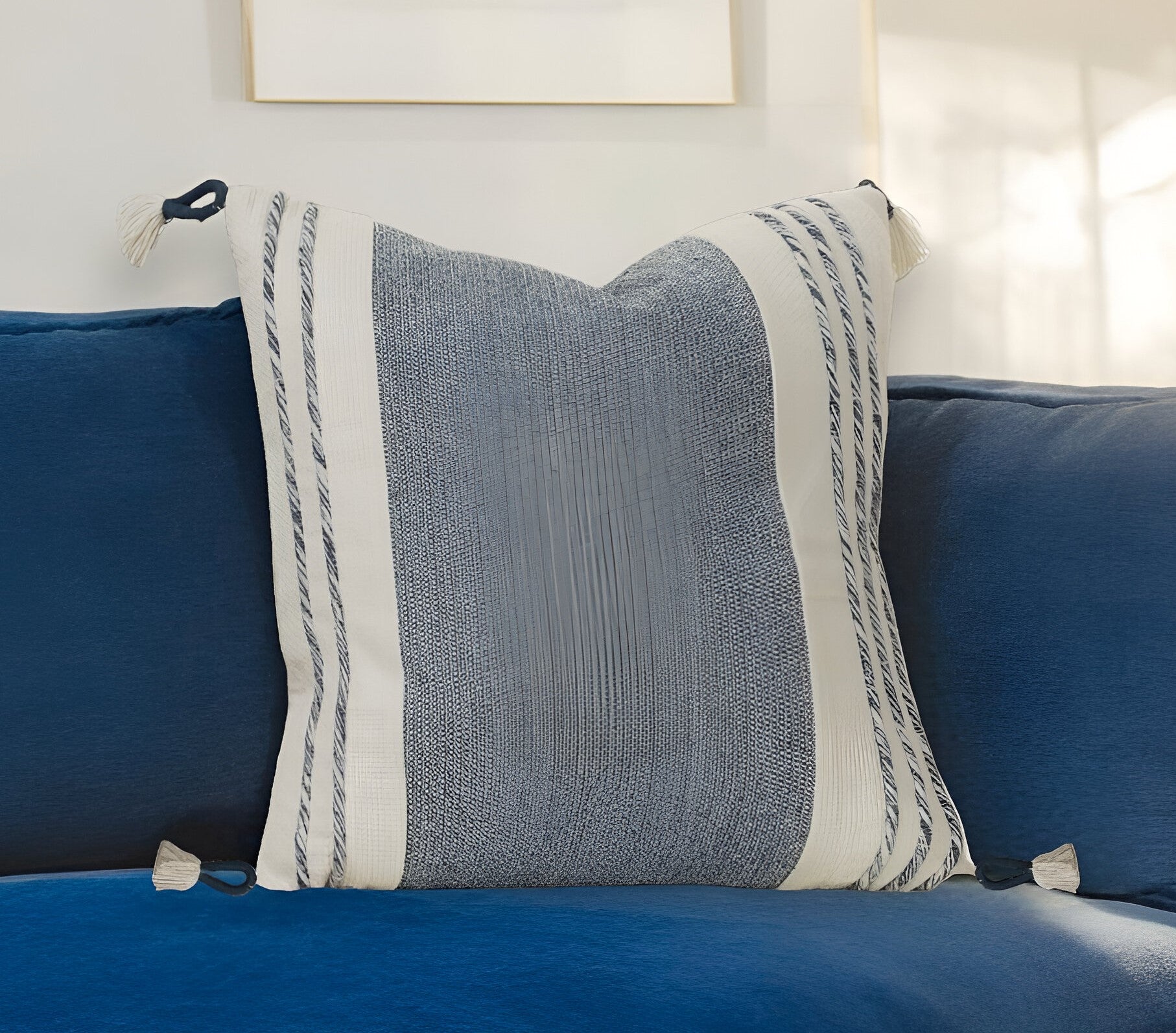 20" Blue and White Color Block Cotton Throw Pillow With Tassels-0