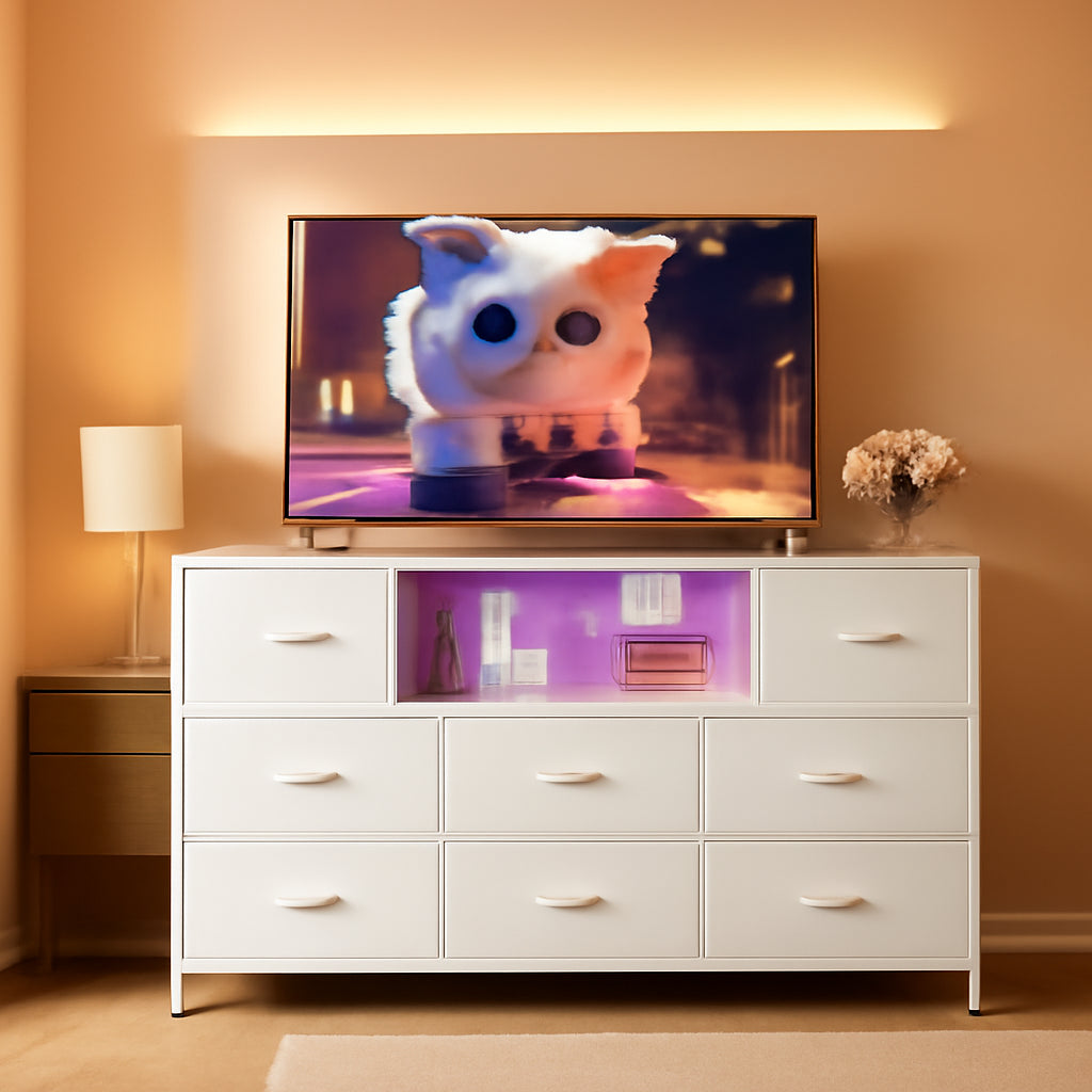 White Dresser TV Stand for 55 Inch TV with Charging Station LED Lights-0