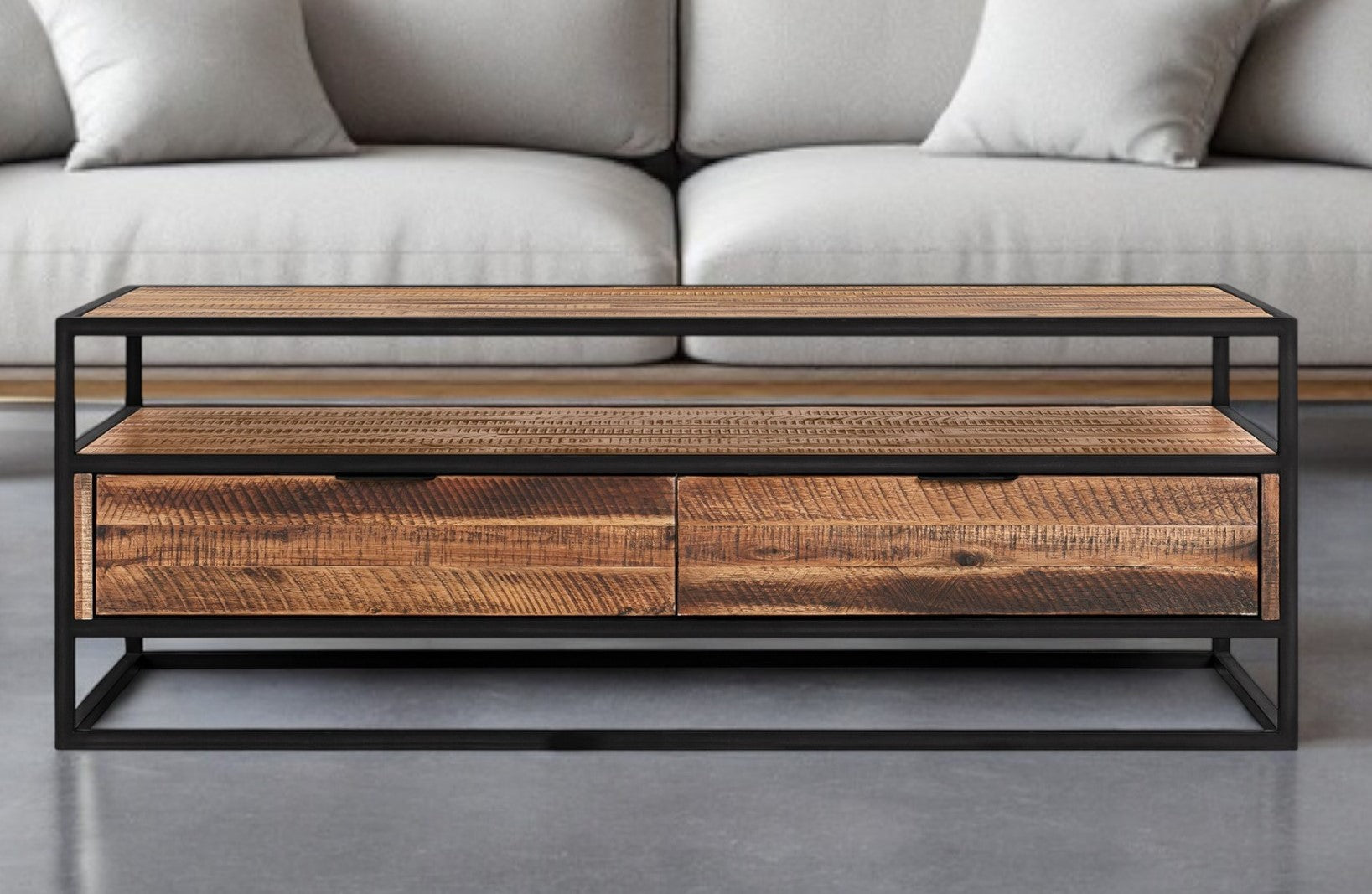 50" Brown And Black Solid Wood And Metal Coffee Table With Two Drawers And Shelf-0