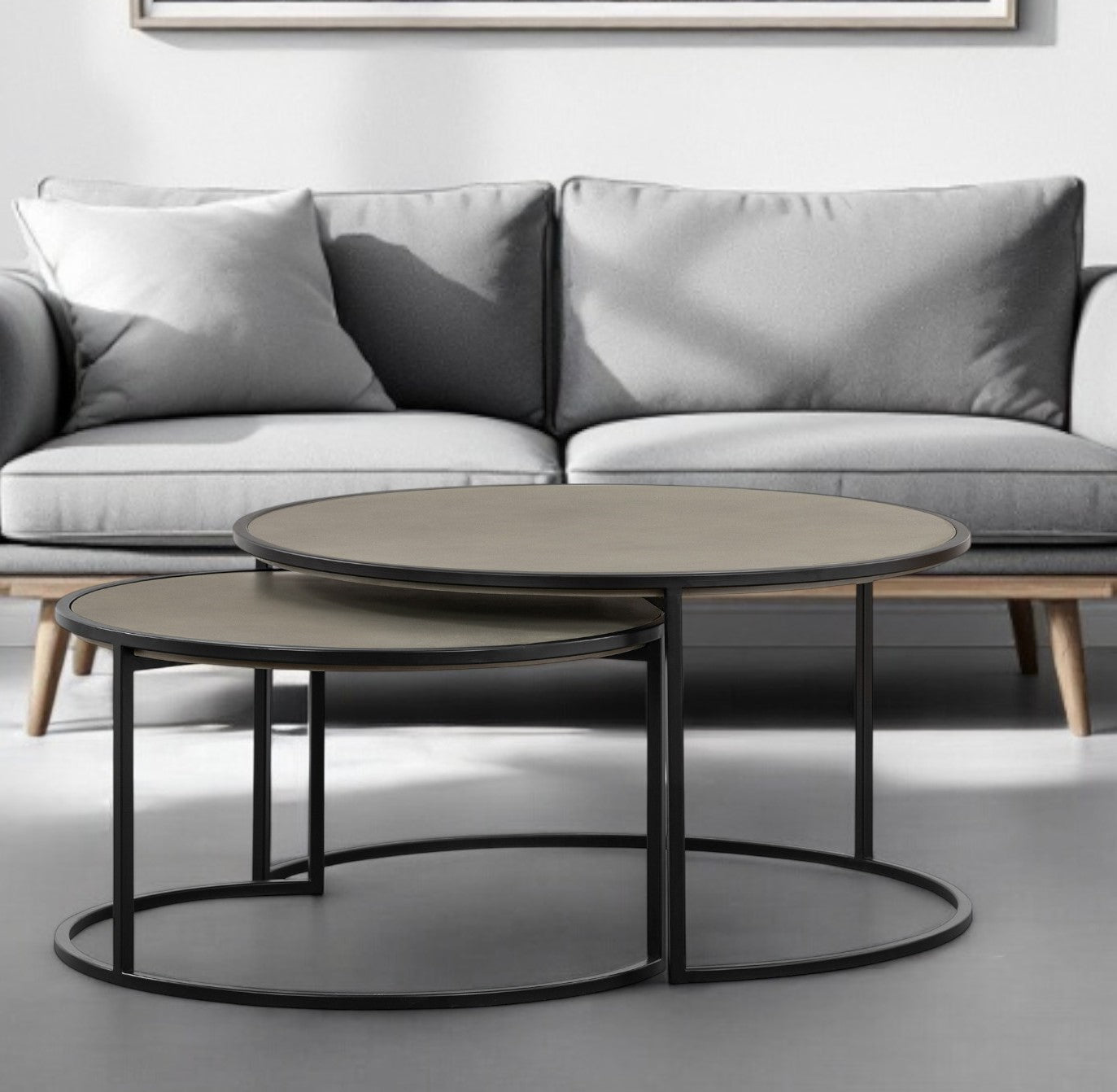 Set of Two 32" Gray And Black Concrete And Metal Round Nested Coffee Tables-1