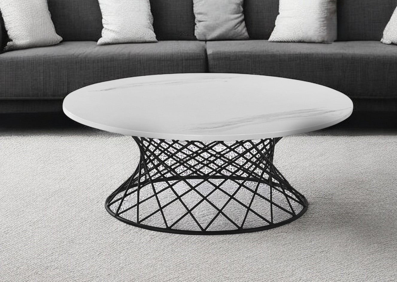 36" White And Black Genuine Marble And Metal Round Coffee Table-0
