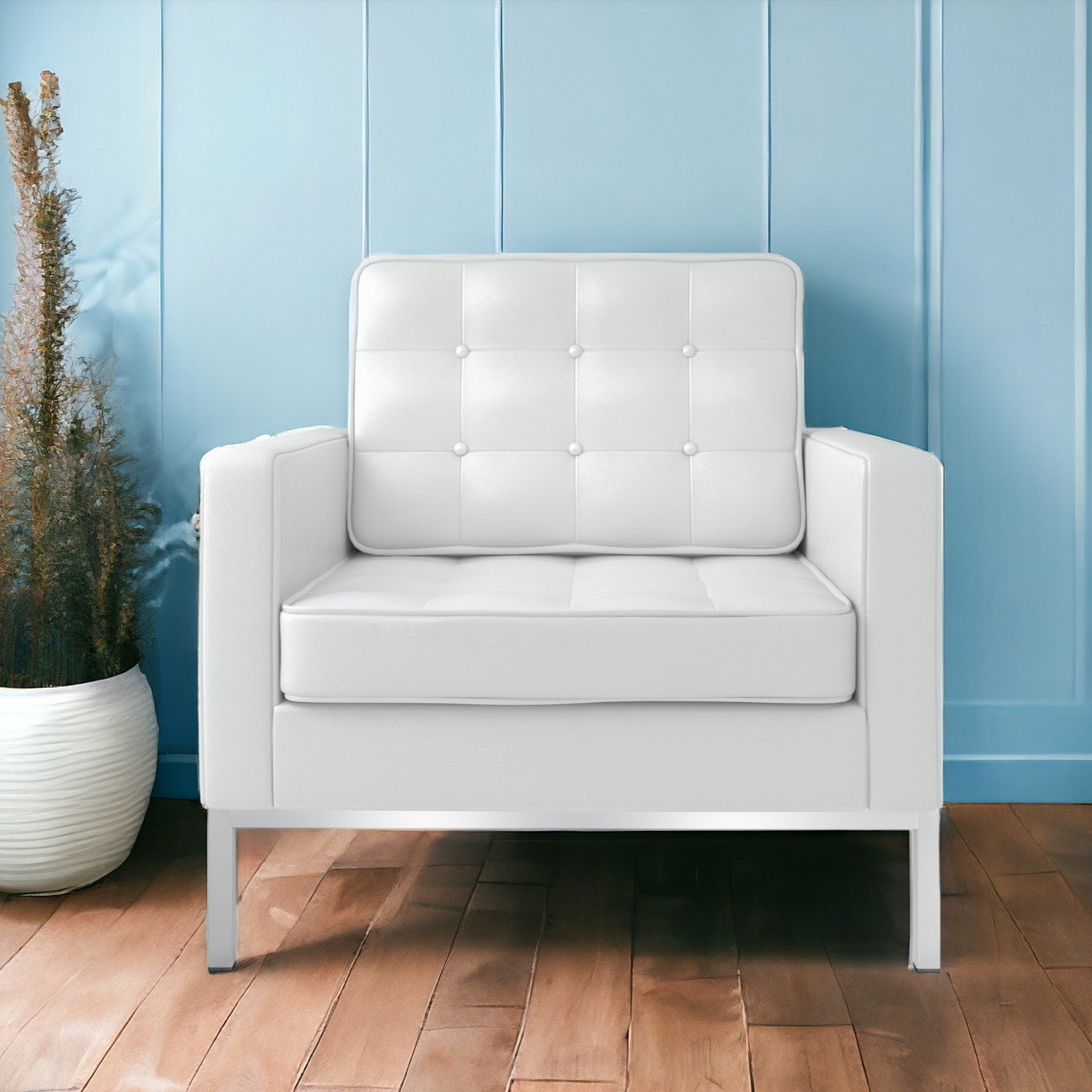 31" White and Silver Italian Leather Tufted Club Chair-1