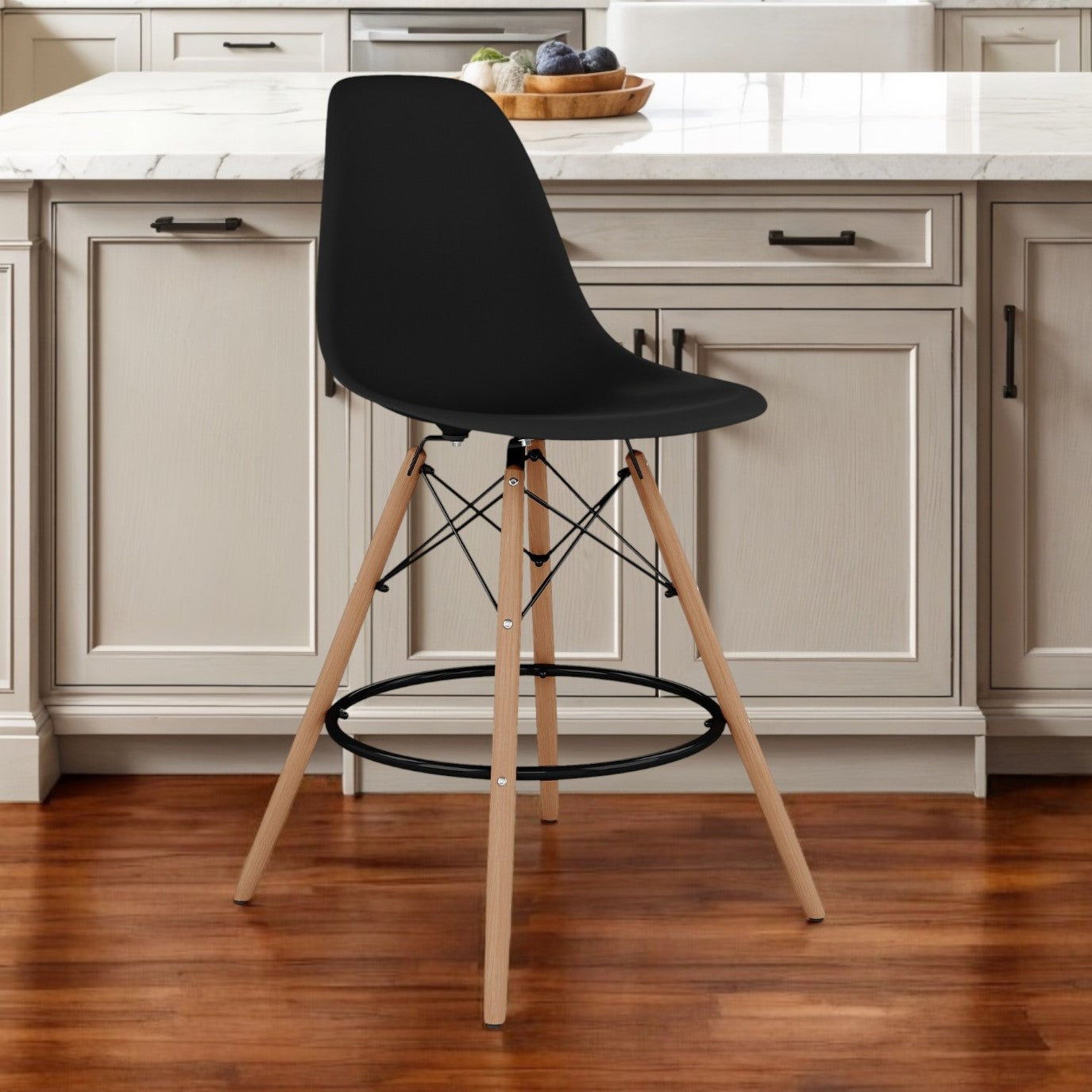 28" Black And Brown Heavy Duty Plastic And Solid Wood Counter Height Bar Chair-0