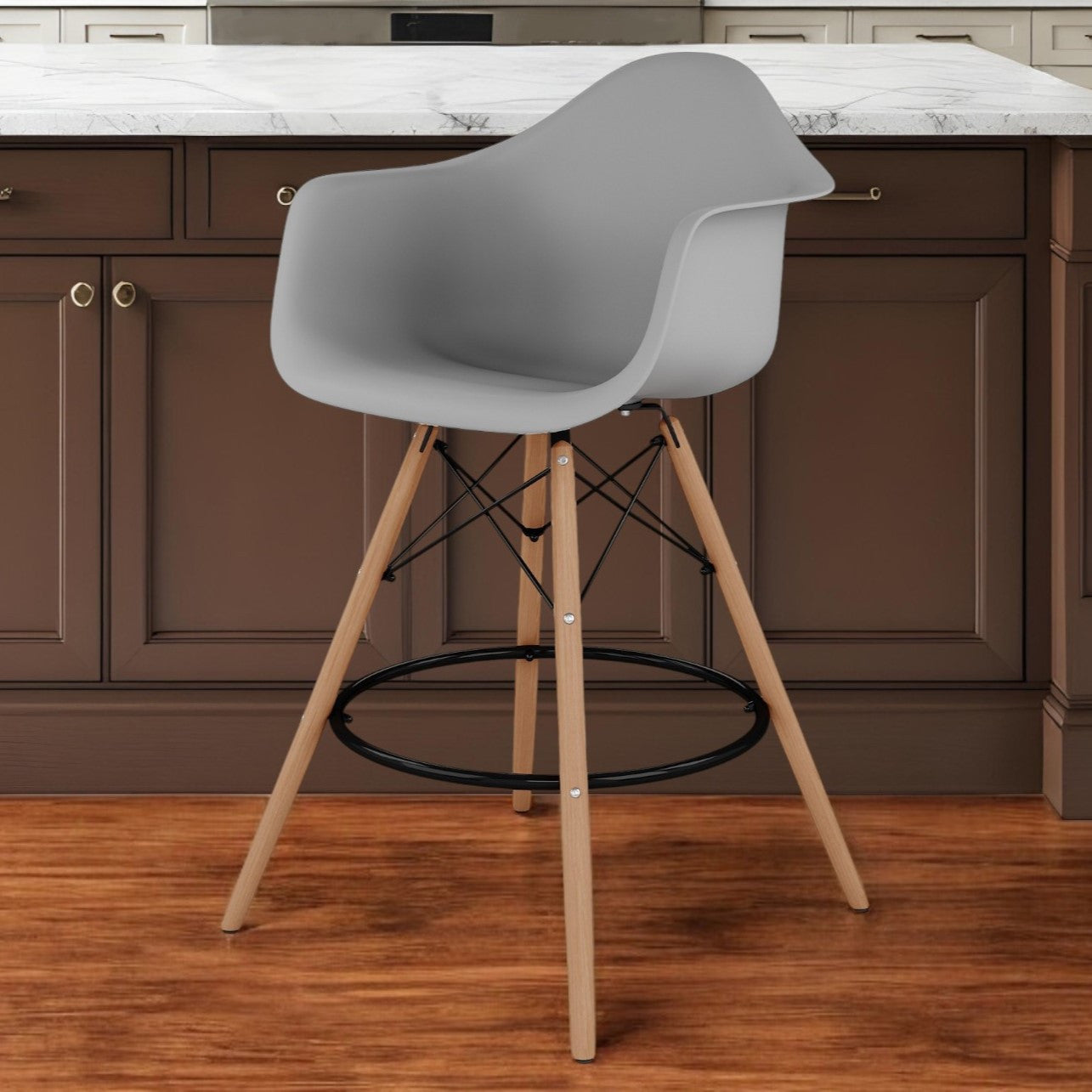 28" Gray And Brown Heavy Duty Plastic And Solid Wood Low Back Counter Height Bar Chair-0