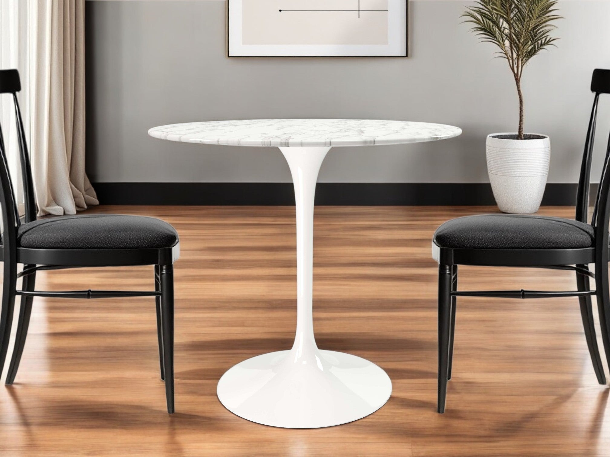 32" White Rounded Marble And Metal Pedestal Base Dining Table-1