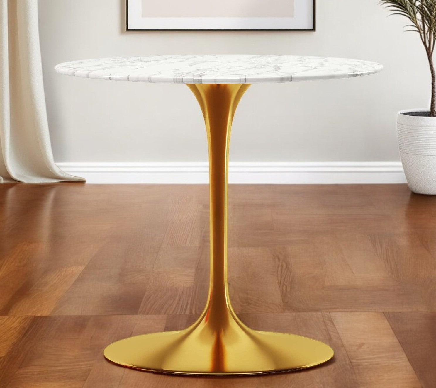 32" White And Gold Marble And Metal Dining Table-0