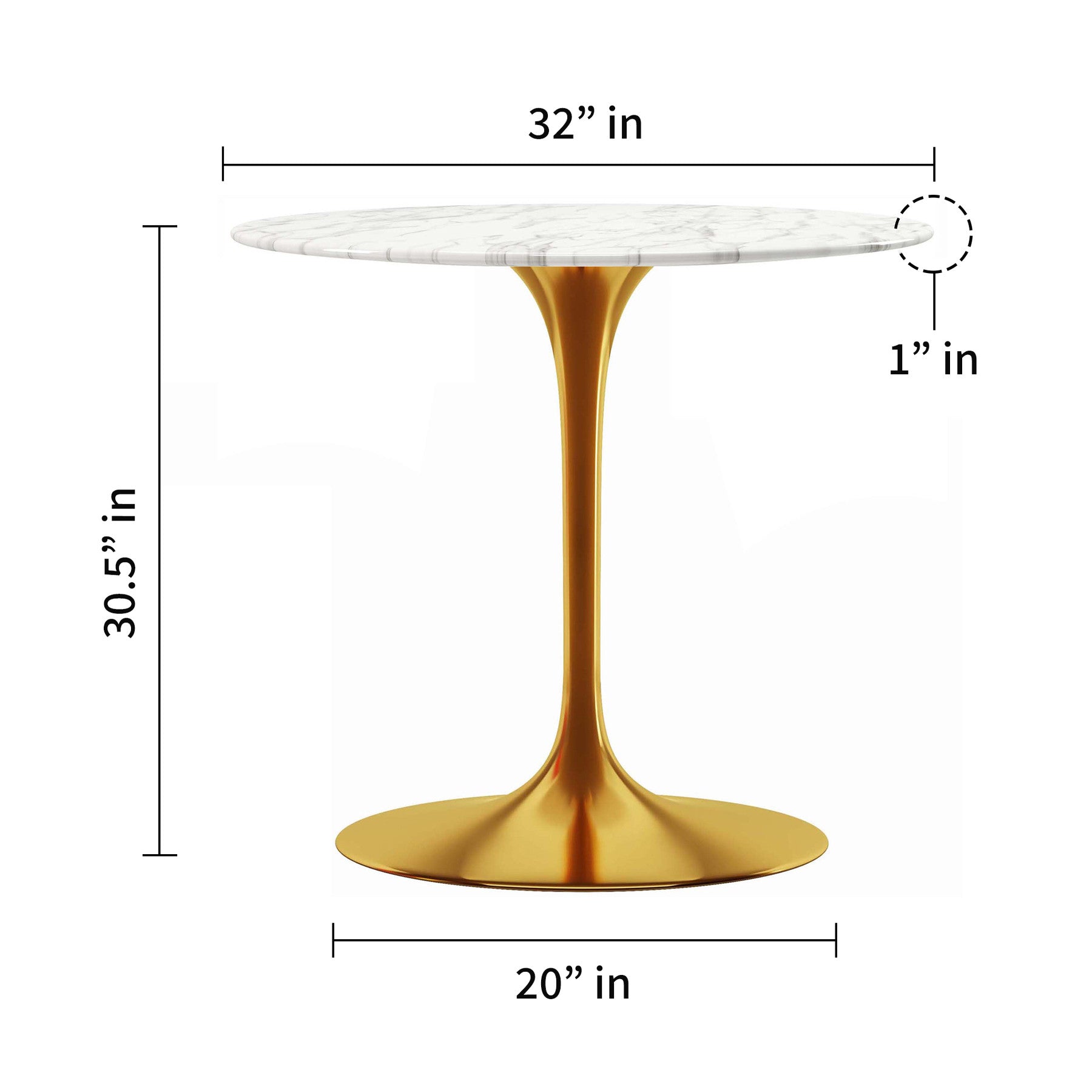 32" White And Gold Marble And Metal Dining Table-4