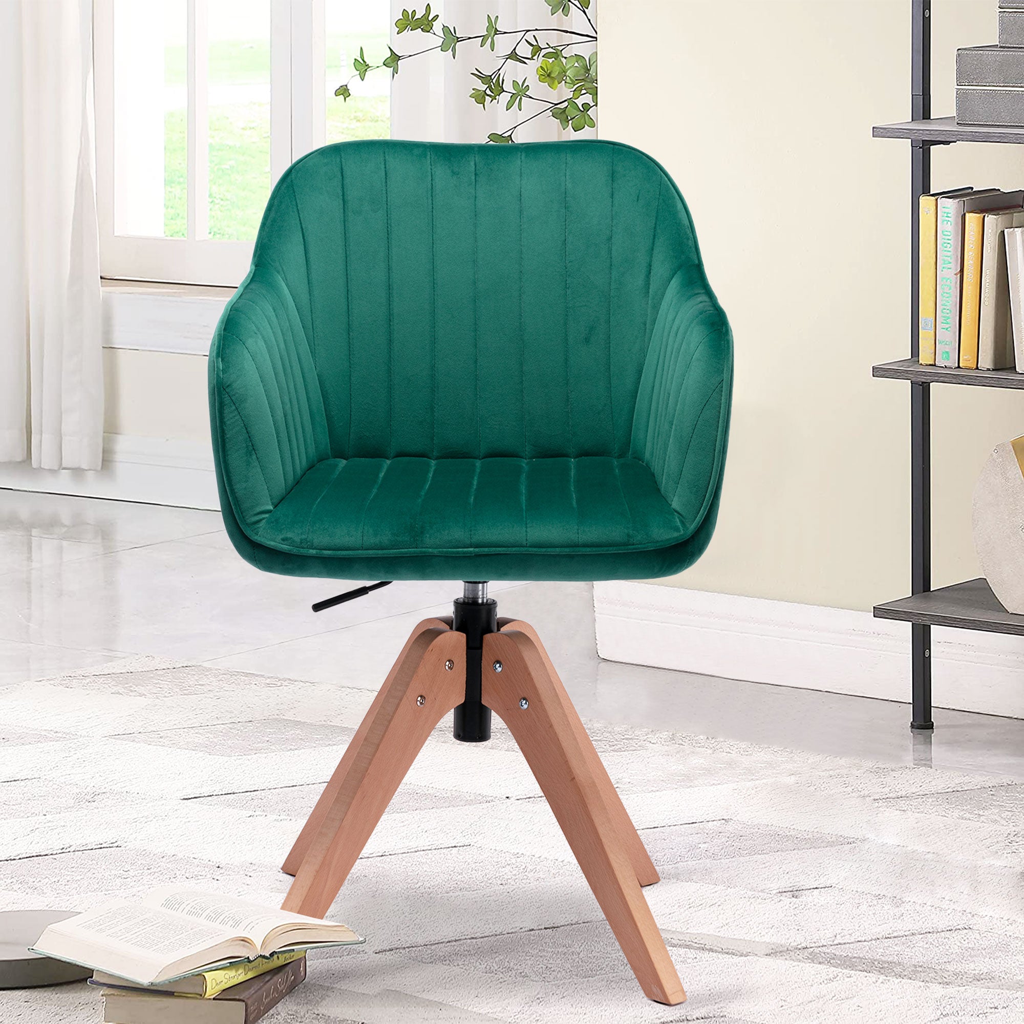 Tufted Green and Natural Upholstered Velvet Dining Arm Chair-2