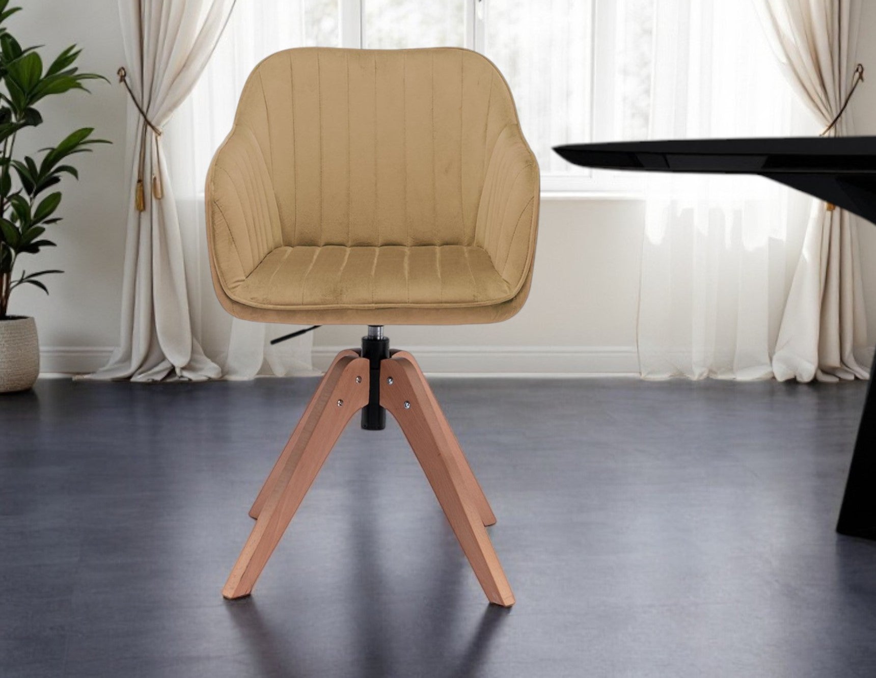 Tufted Champagne and Natural Upholstered Velvet Dining Arm Chair-0