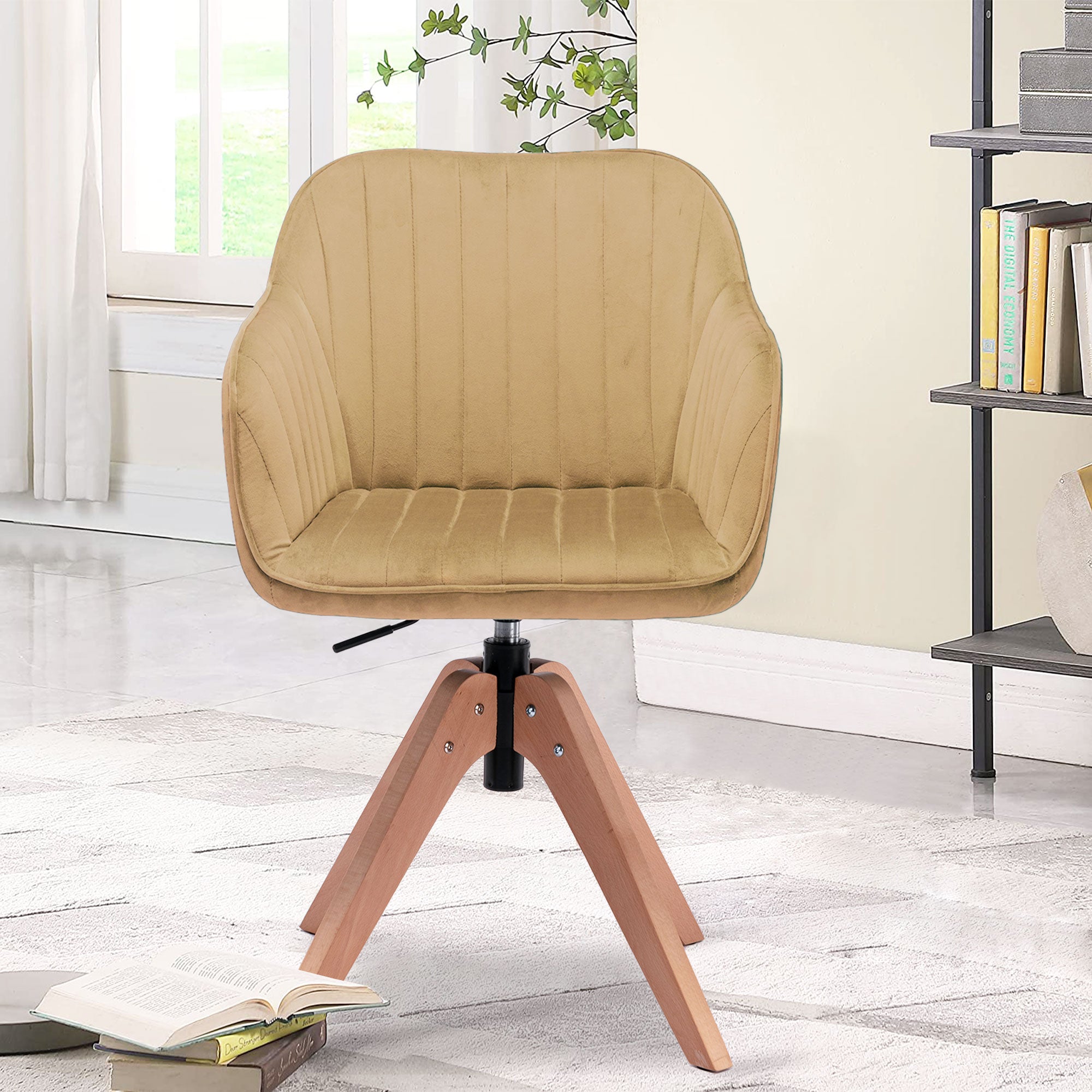 Tufted Champagne and Natural Upholstered Velvet Dining Arm Chair-2