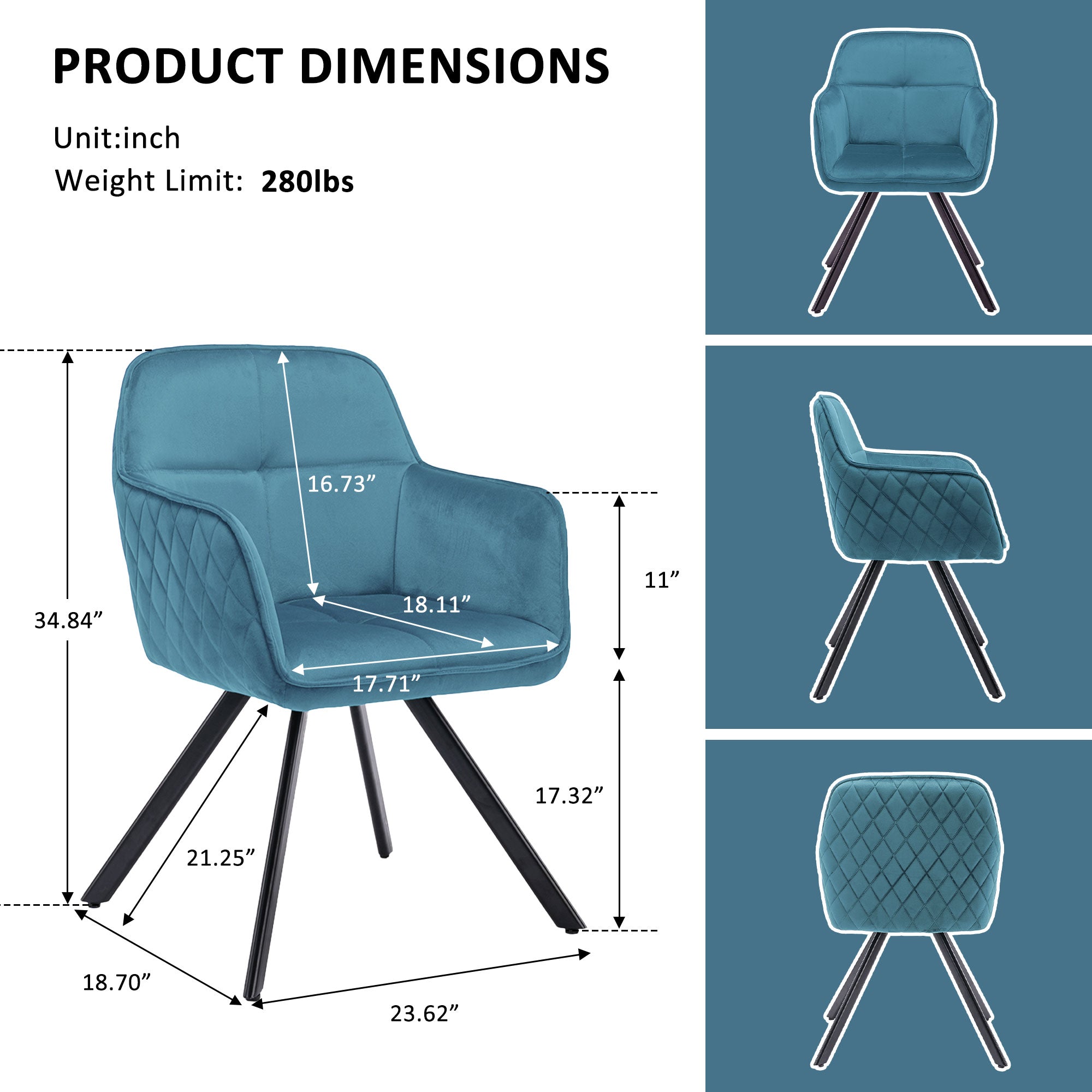 Tufted Blue And Black Velvet and Metal Dining Arm Chair-4