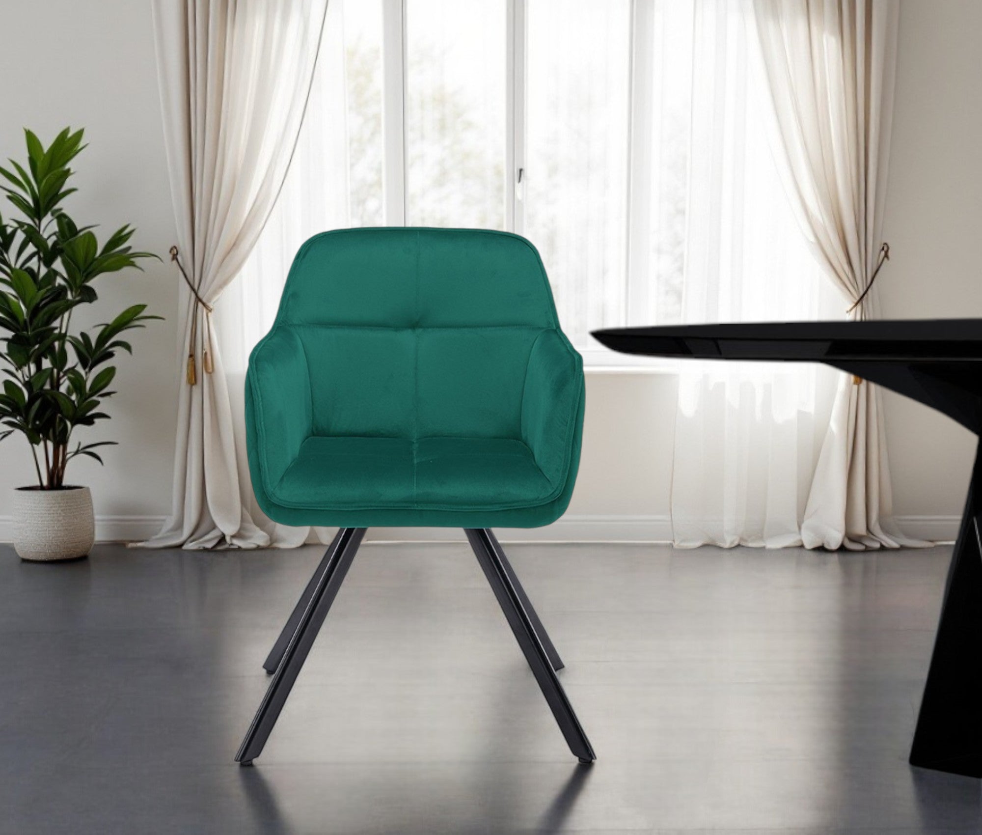 Tufted Green And Black Velvet and Metal Dining Arm Chair-1