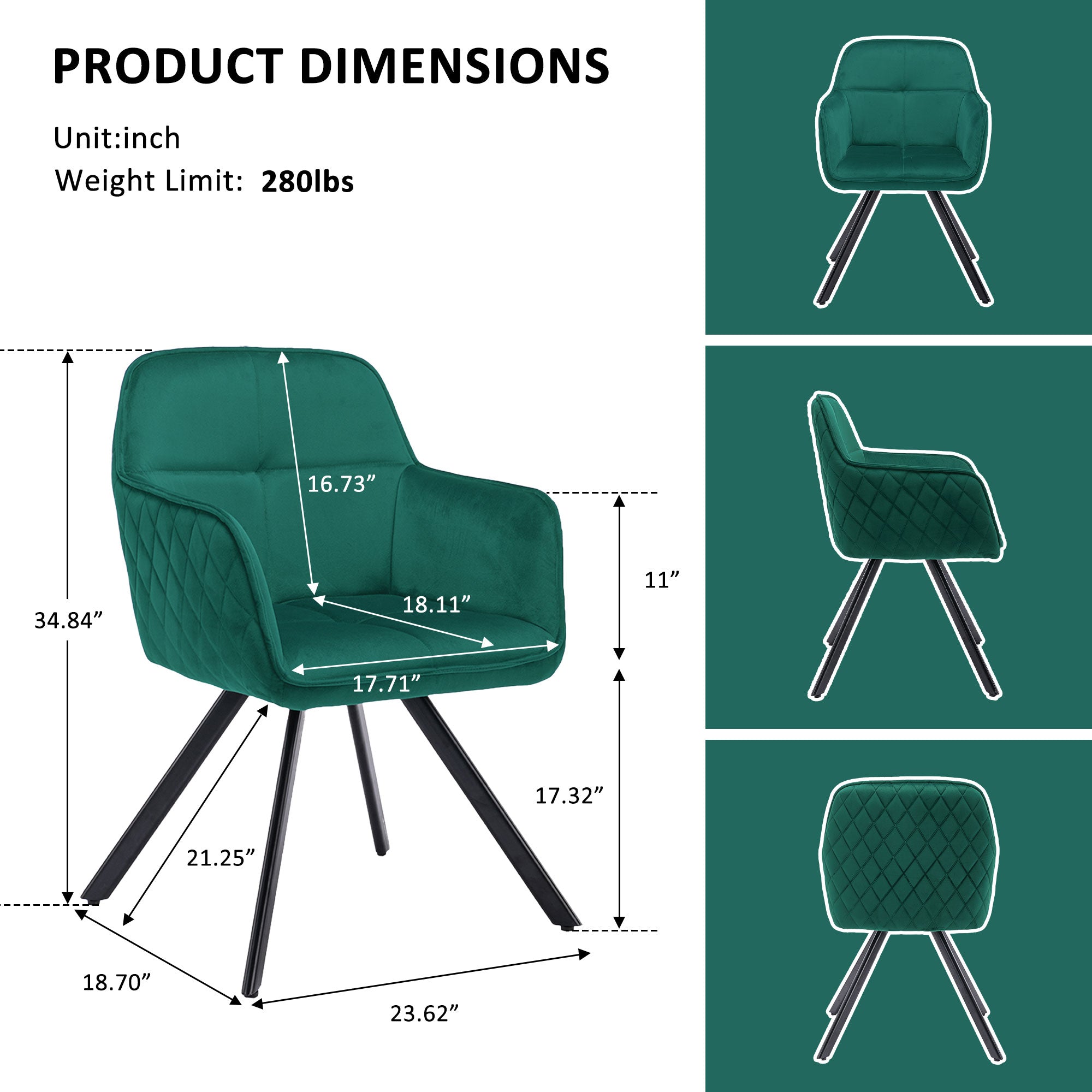 Tufted Green And Black Velvet and Metal Dining Arm Chair-7