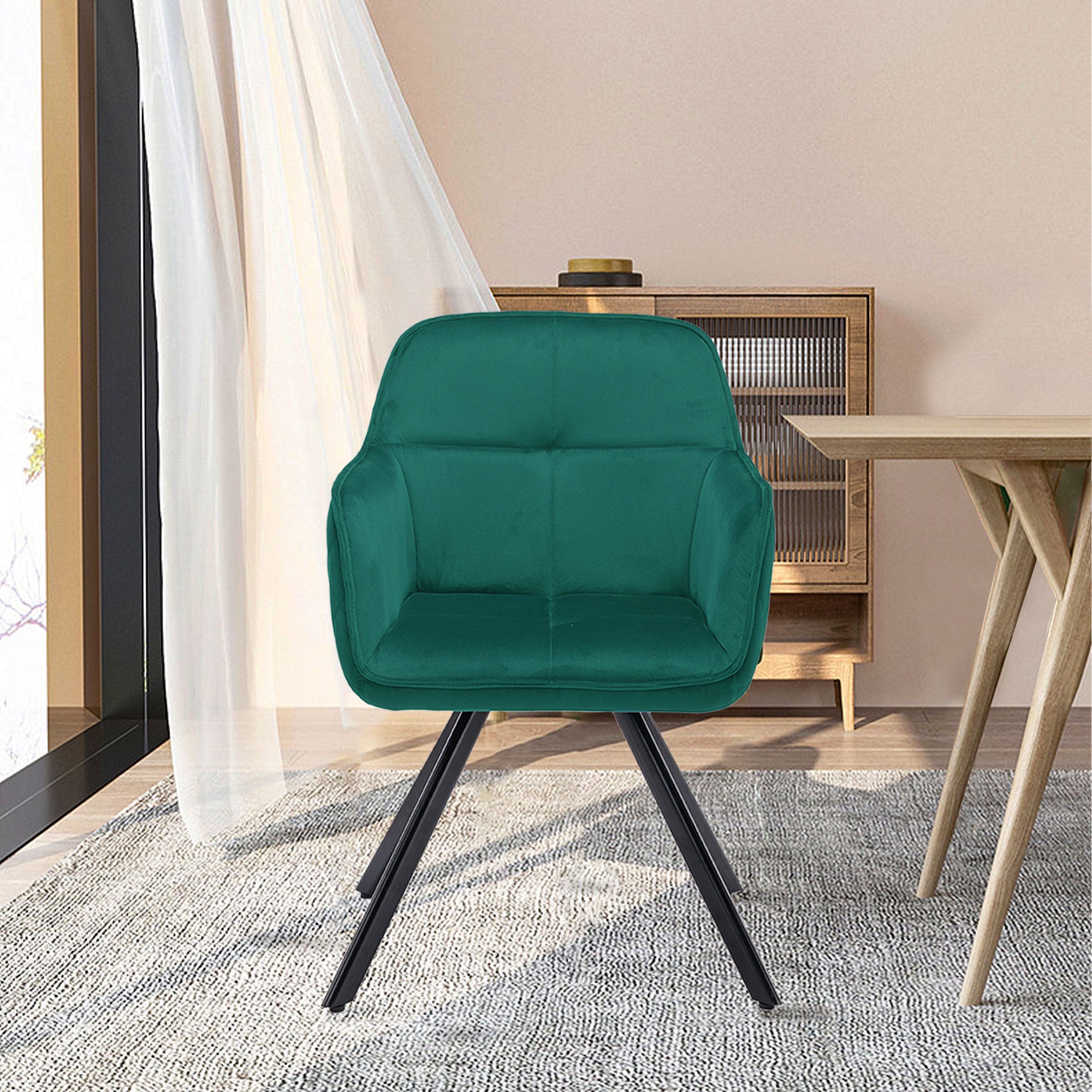 Tufted Green And Black Velvet and Metal Dining Arm Chair-3
