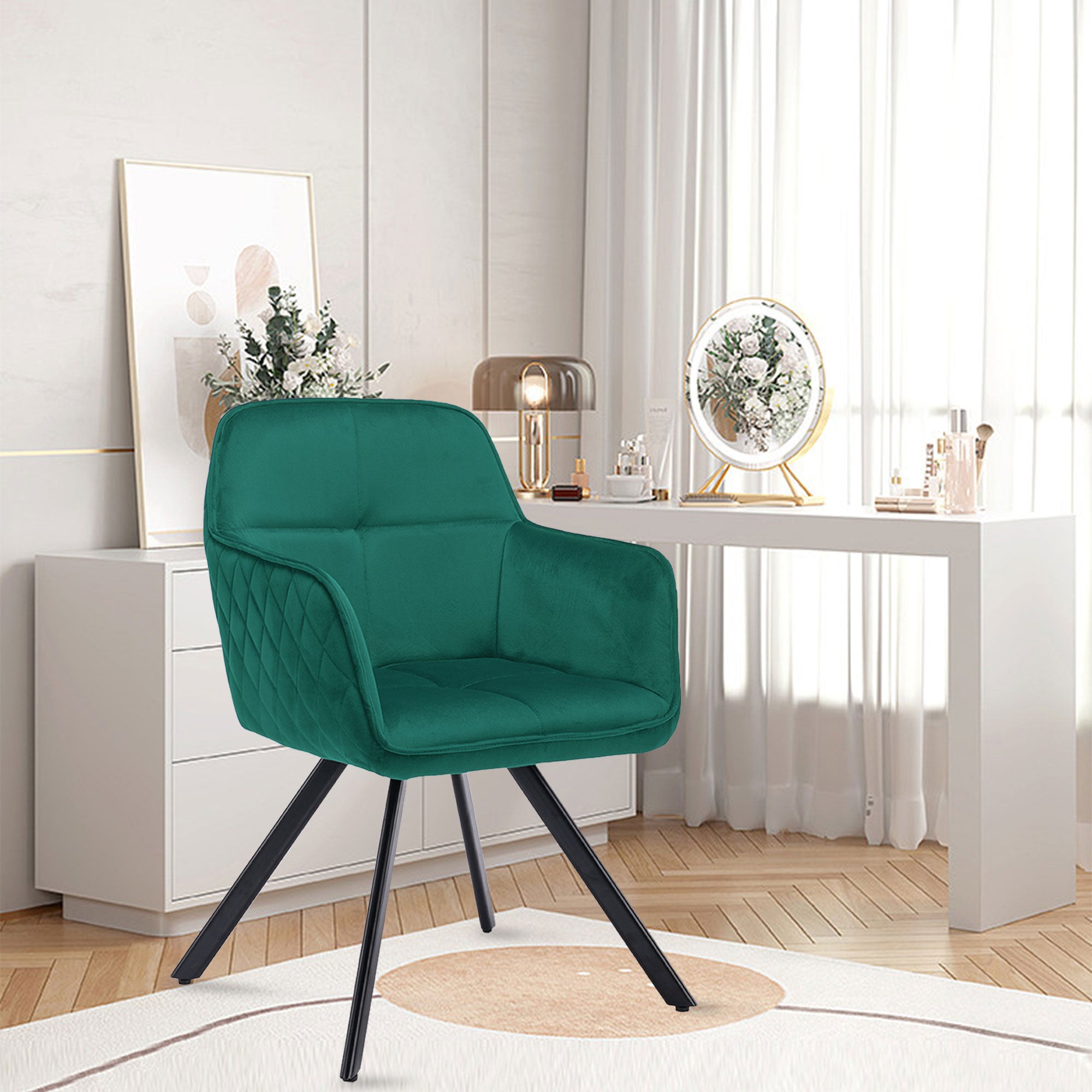 Tufted Green And Black Velvet and Metal Dining Arm Chair-4