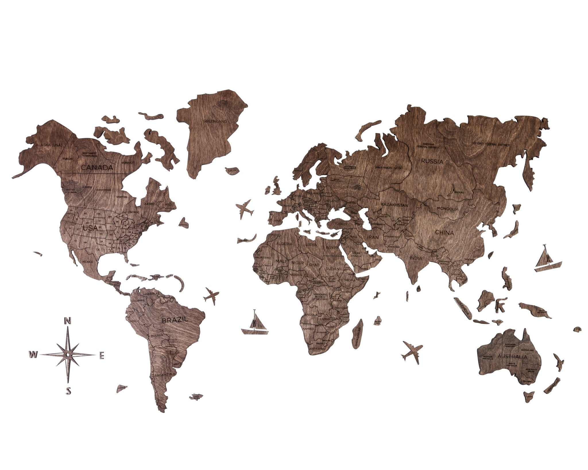 47" X 79" Dark Brown Wood World Map Hanging Dimensional Sculpture-1