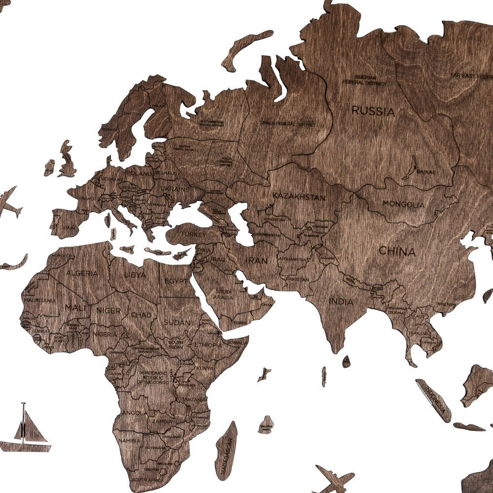 47" X 79" Dark Brown Wood World Map Hanging Dimensional Sculpture-3