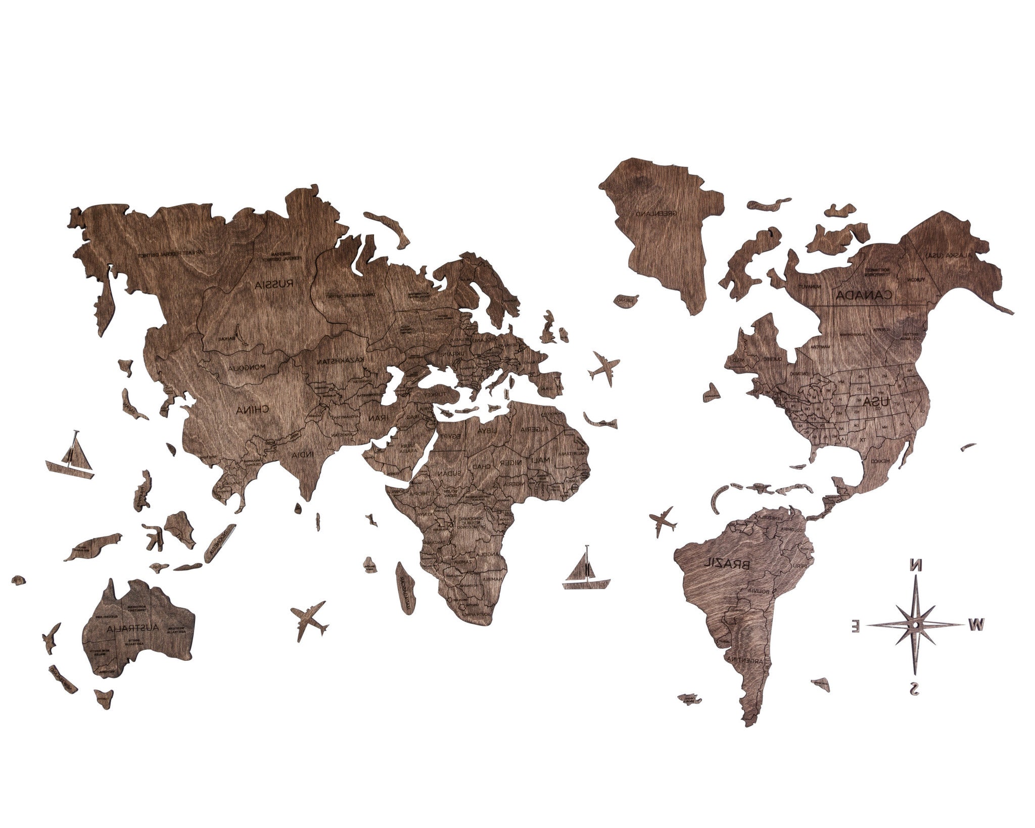 47" X 79" Dark Brown Wood World Map Hanging Dimensional Sculpture-4