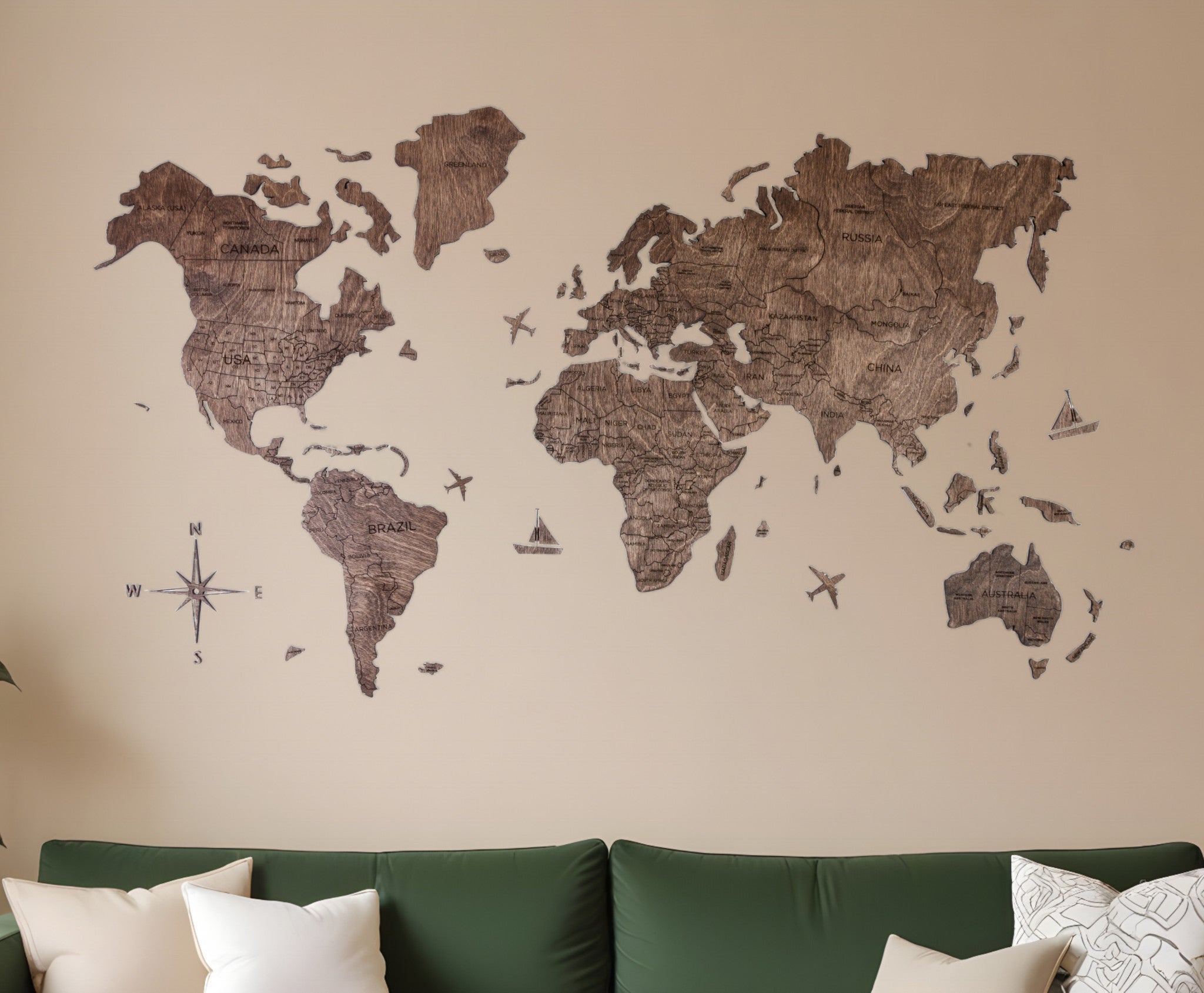 47" X 79" Dark Brown Wood World Map Hanging Dimensional Sculpture-0