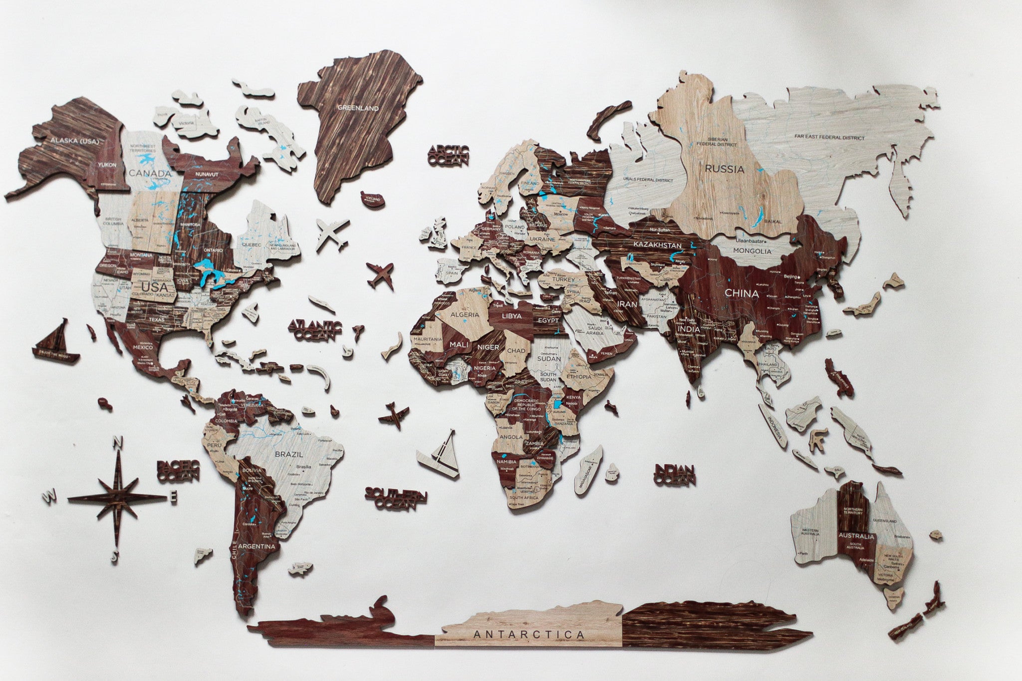 24" X 39" Brown and Beige Wood World Map Hanging Dimensional Sculpture-1