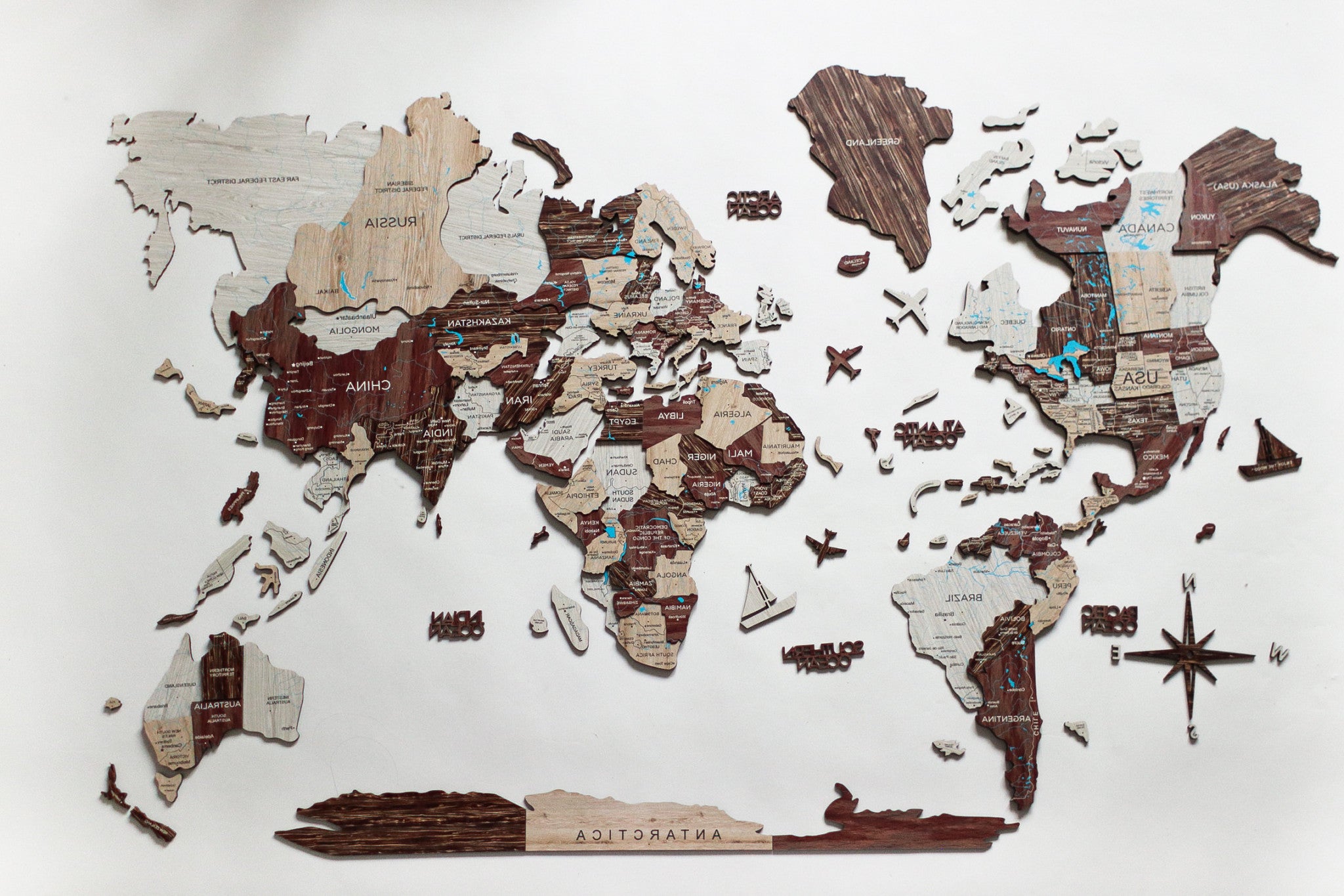 24" X 39" Brown and Beige Wood World Map Hanging Dimensional Sculpture-4