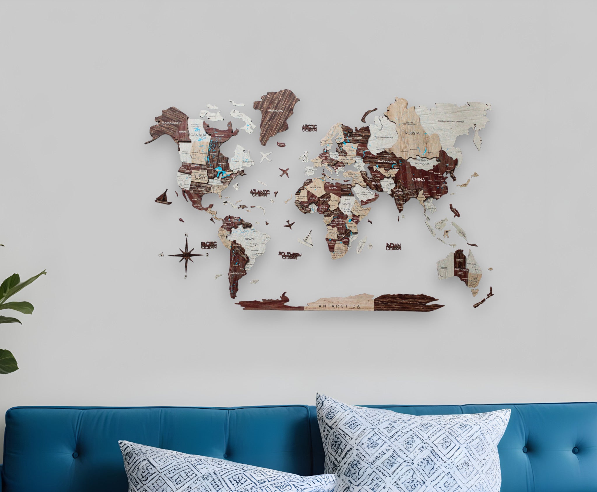 24" X 39" Brown and Beige Wood World Map Hanging Dimensional Sculpture-0