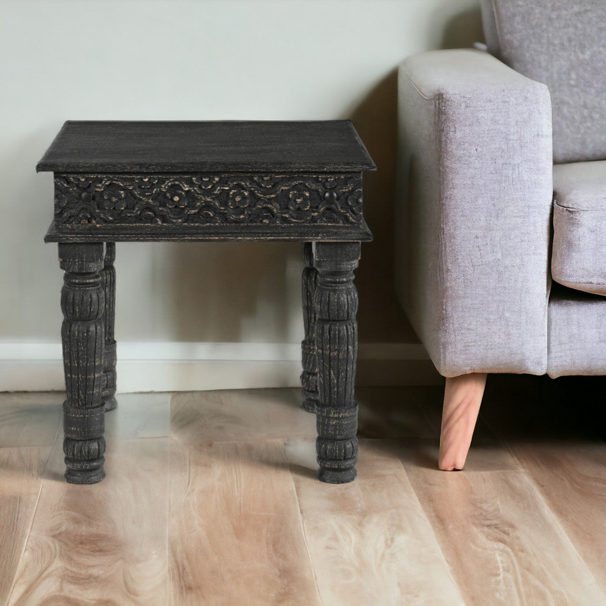 24" Black Distressed Solid Wood End Table-1