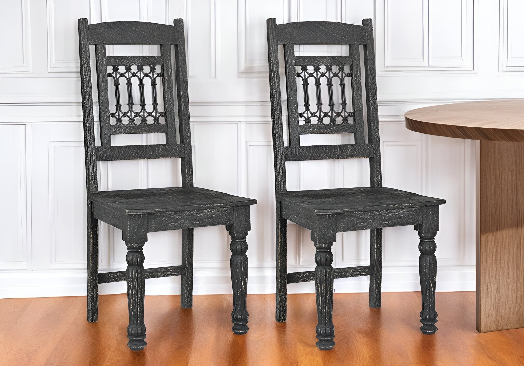 Set of Two Black Wood Slat Back Dining Side Chairs-0