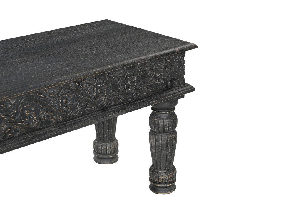 58" Black Floral Distressed Solid Wood Dining Bench-3