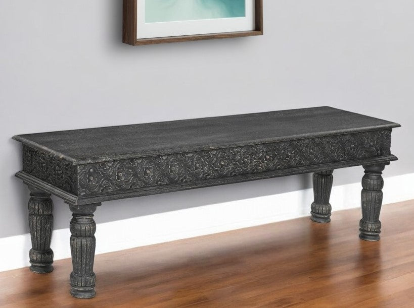58" Black Floral Distressed Solid Wood Dining Bench-0