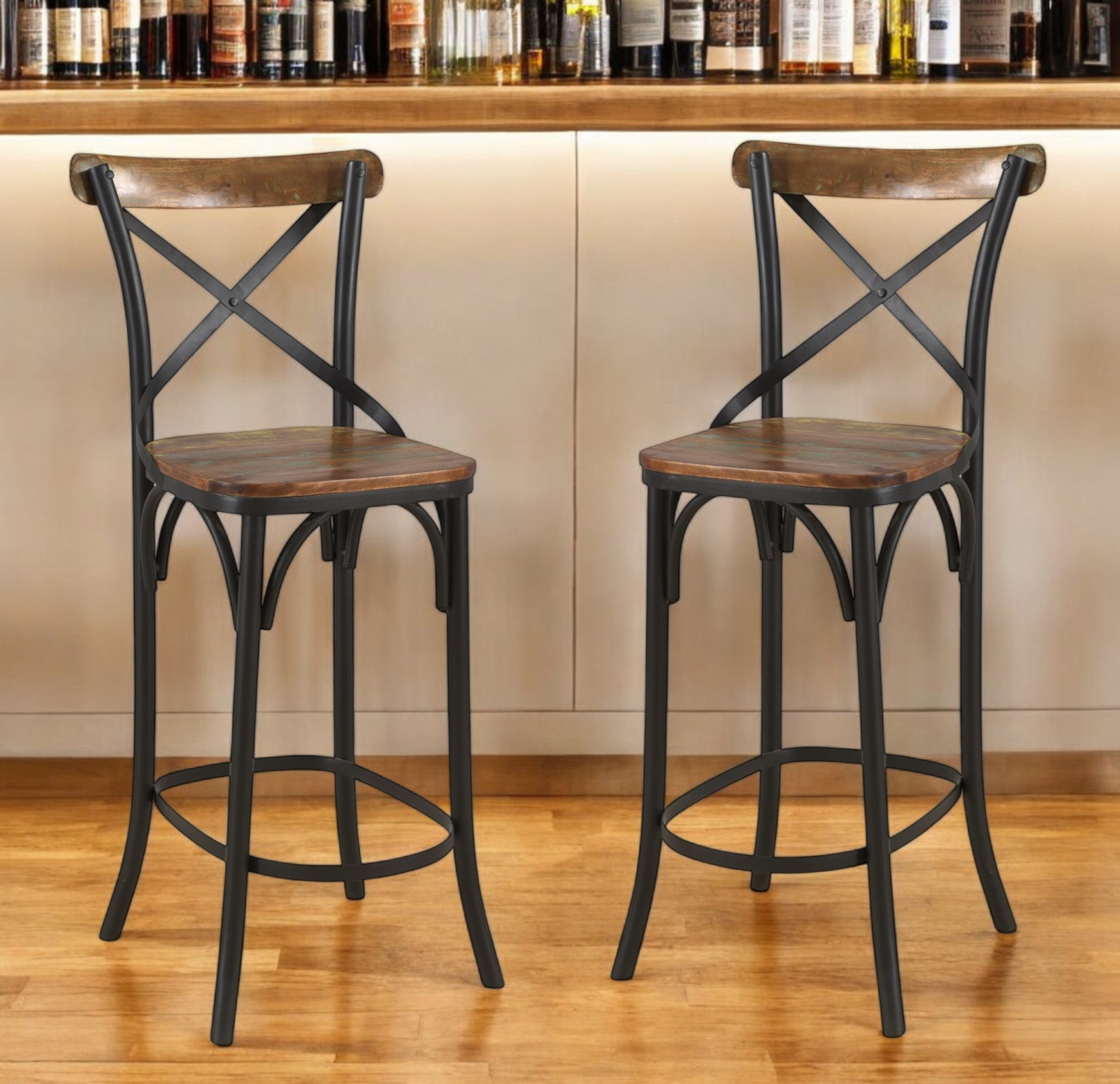 30" Brown and Black Solid Wood and Metal Counter Height Bar Chair-1