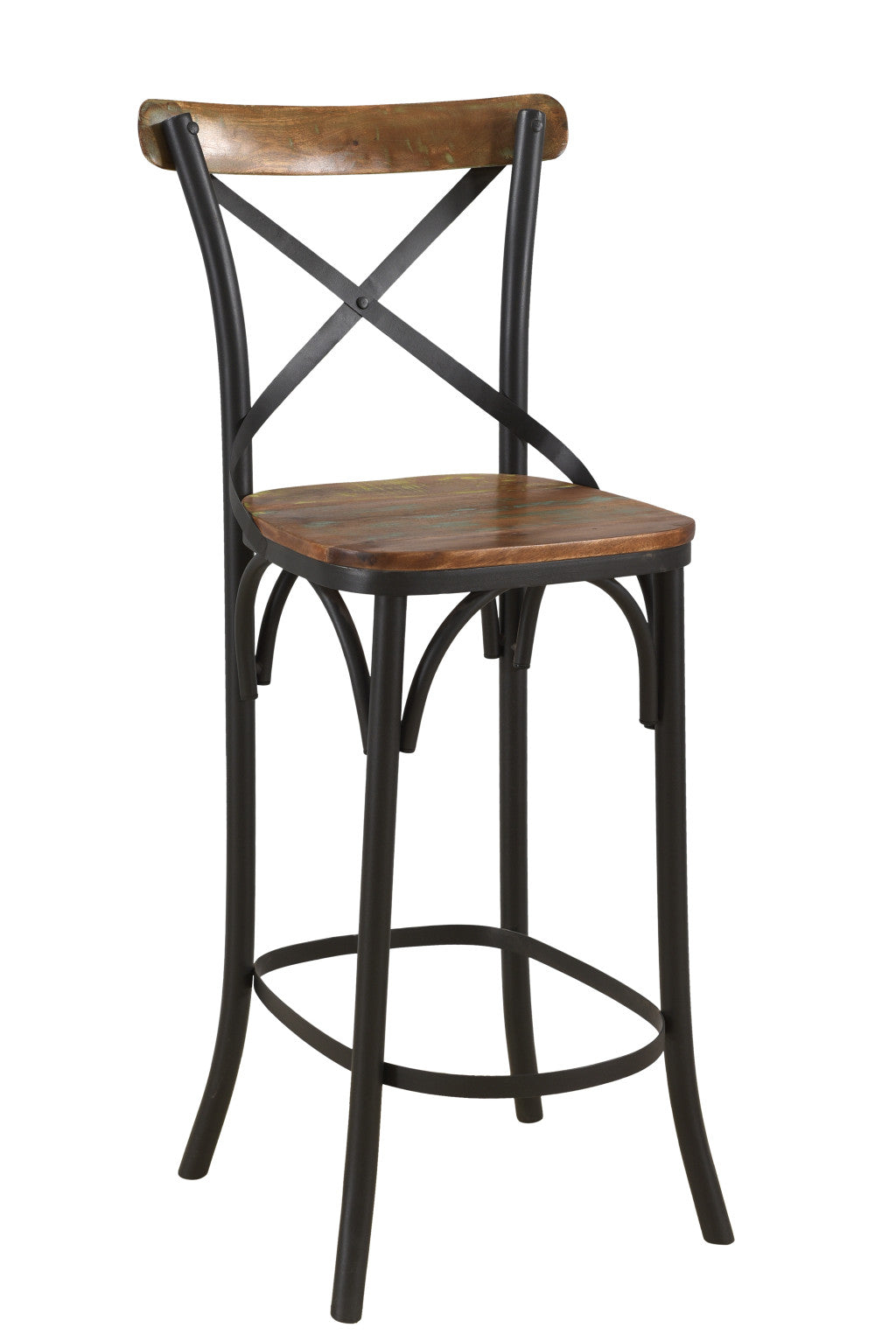 30" Brown and Black Solid Wood and Metal Counter Height Bar Chair-2