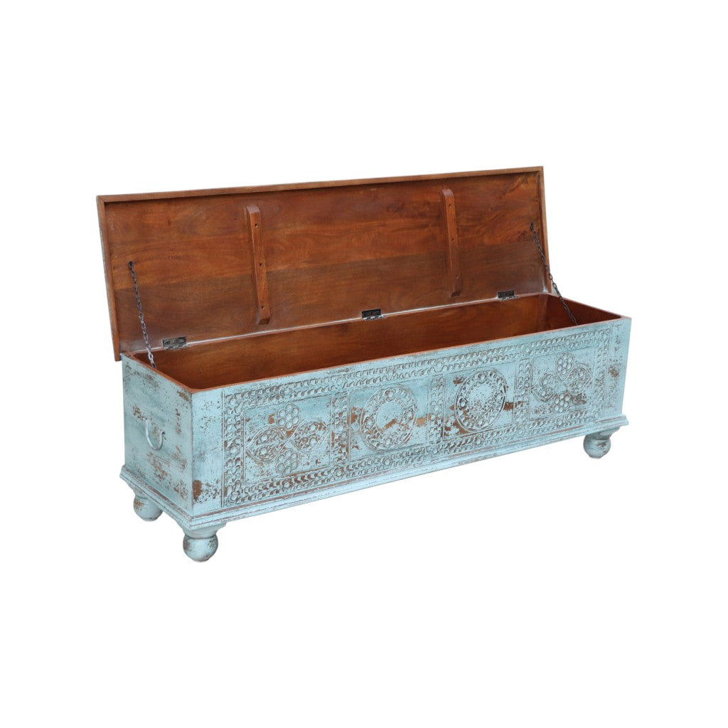 54" Aqua Carved And Distressed Solid Wood Lift Top Coffee Table-4