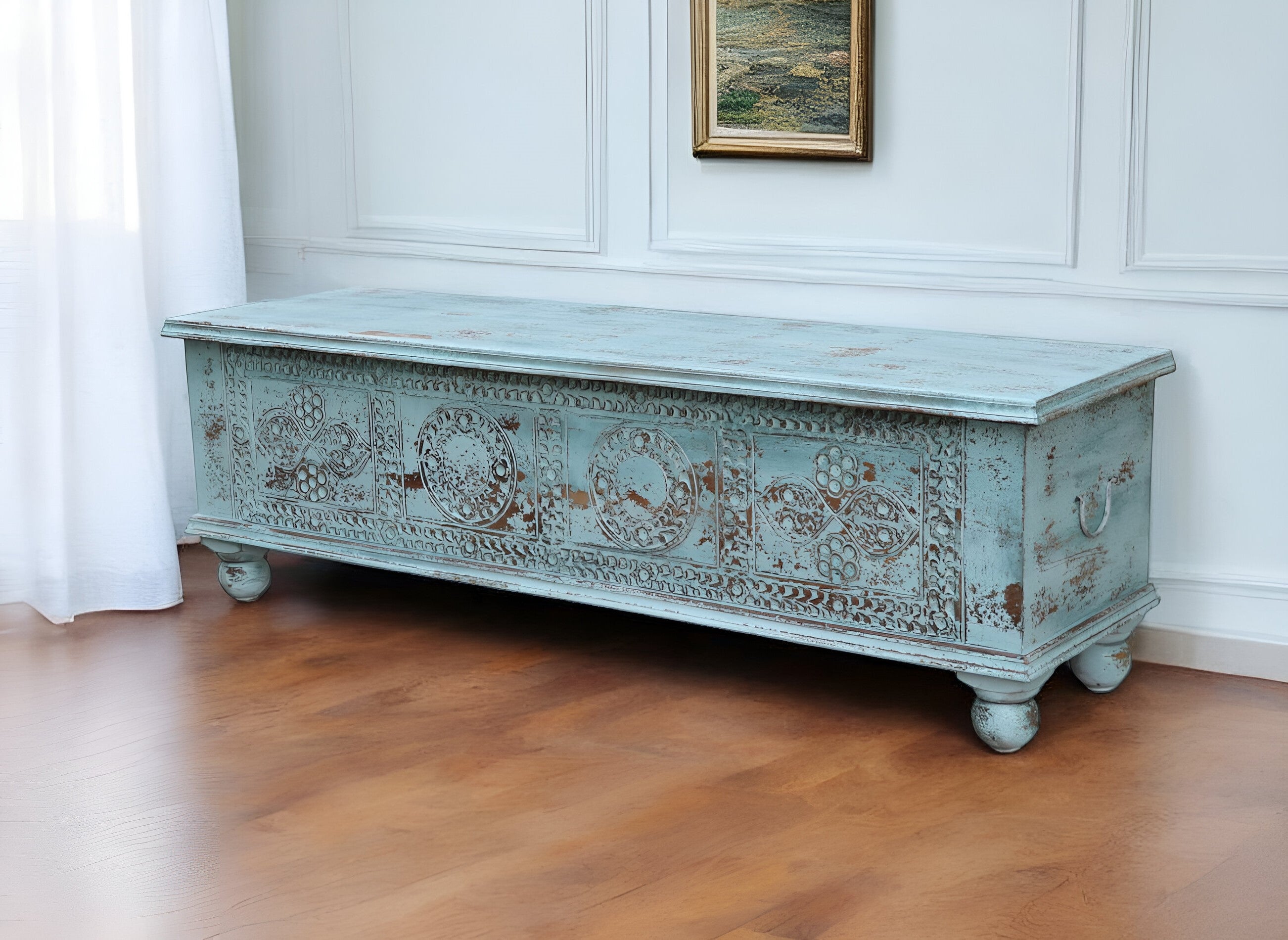 54" Aqua Carved And Distressed Solid Wood Lift Top Coffee Table-2