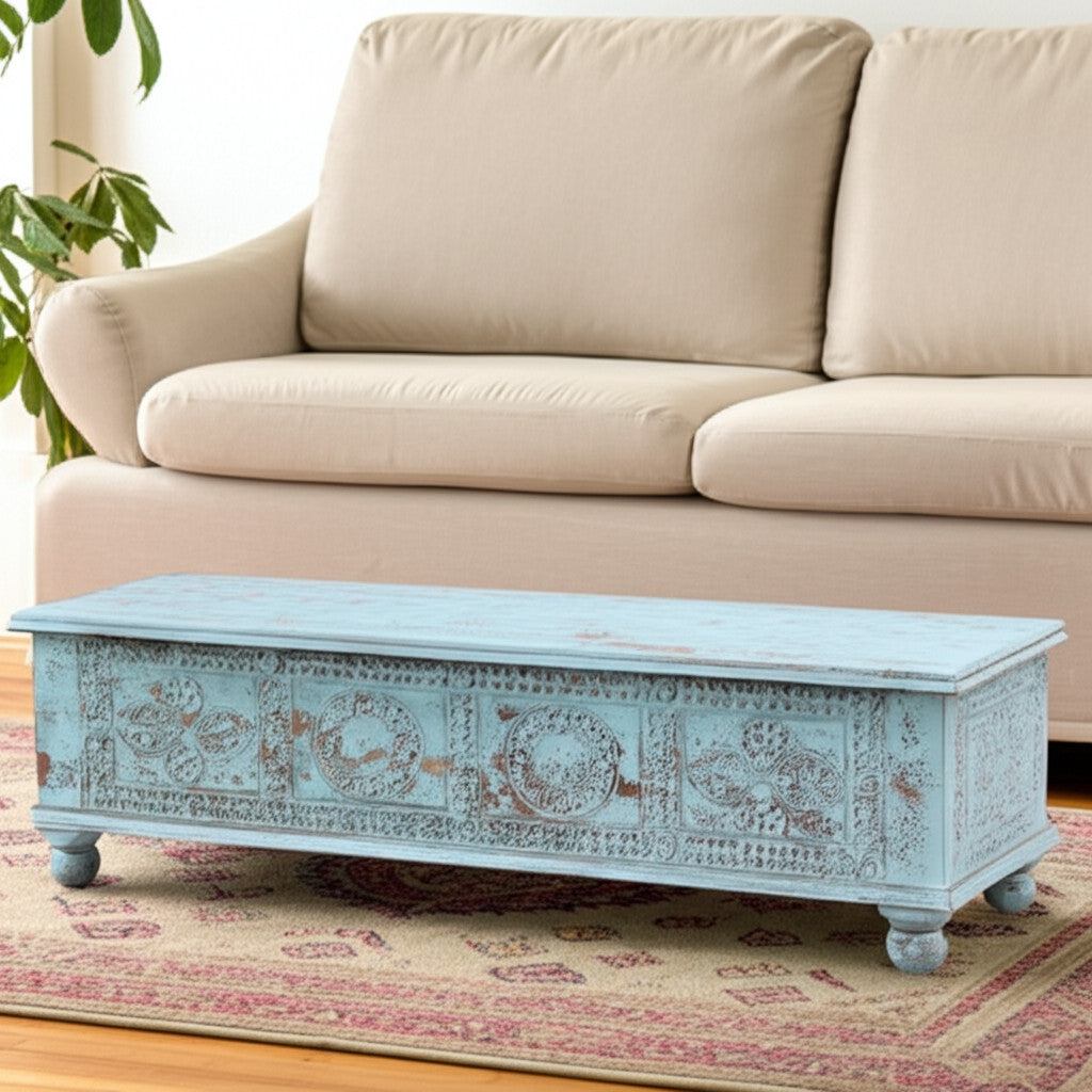54" Aqua Carved And Distressed Solid Wood Lift Top Coffee Table-1