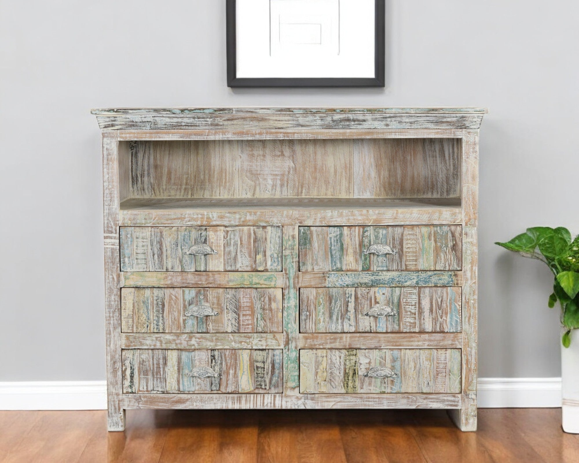 50" White Distressed Reclaimed Wood Open And Enclosed Storage Entertainment Center-0
