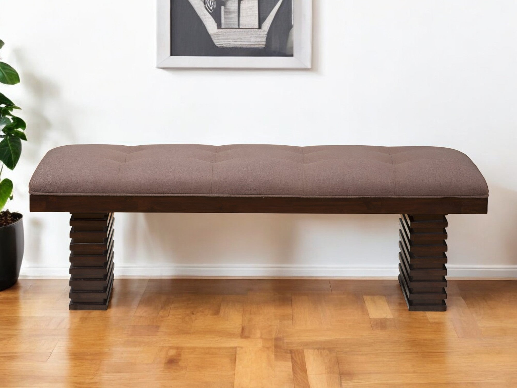 59" Latte and Espresso Linen Blend Upholstered Dining Bench-0