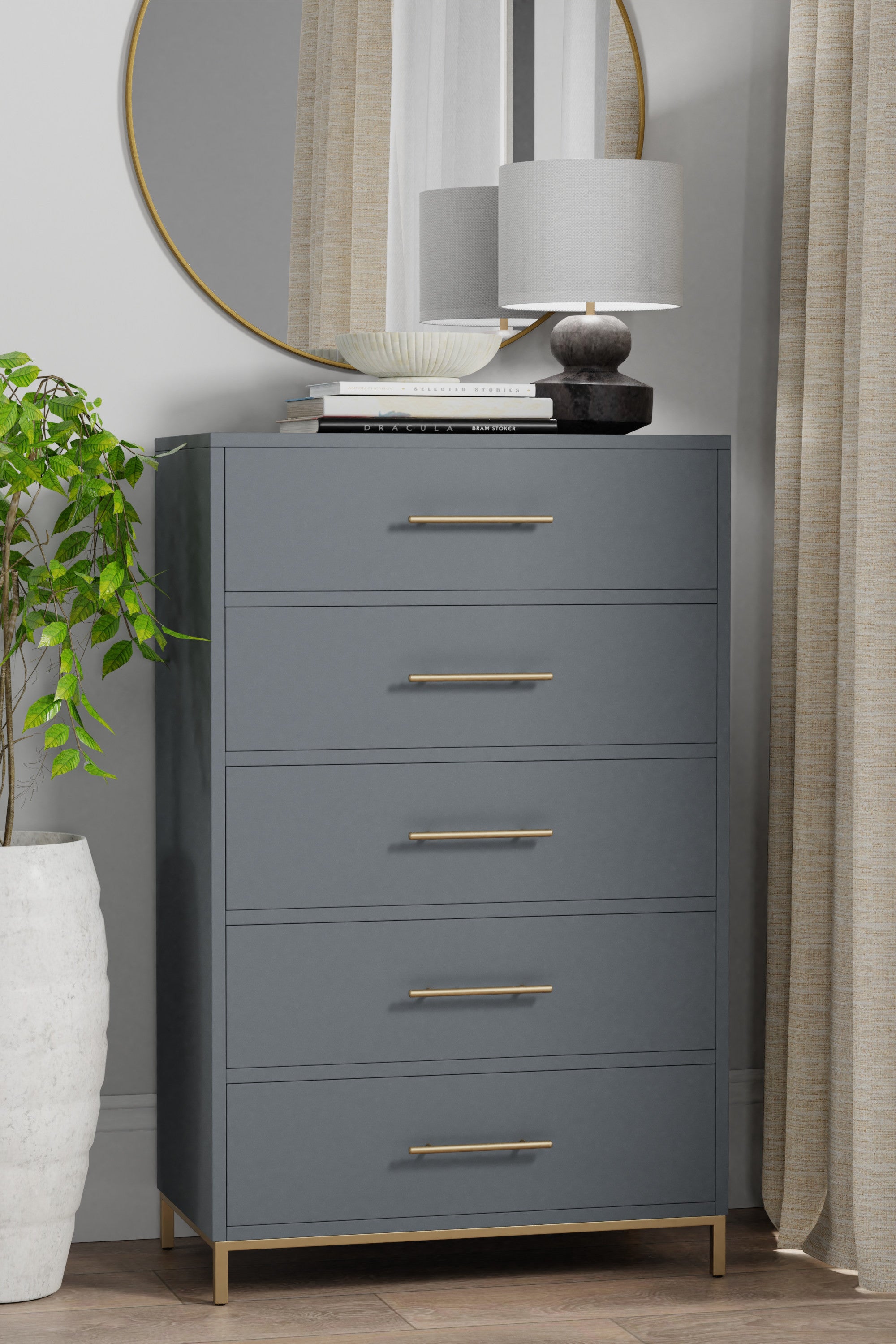 33" Gray Solid Wood Five Drawer Dresser-5