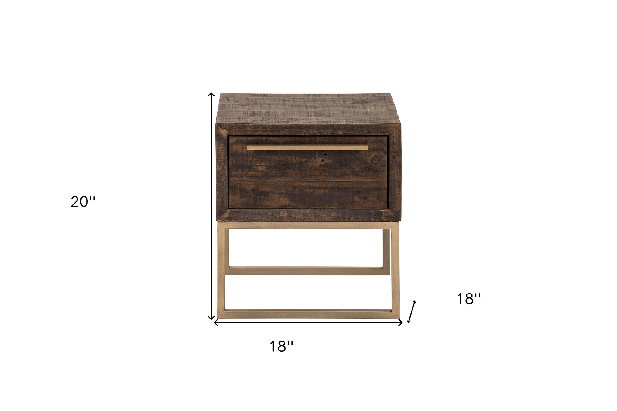 18" Antiqued Brass And Brown Reclaimed Wood End Table With Drawer-5