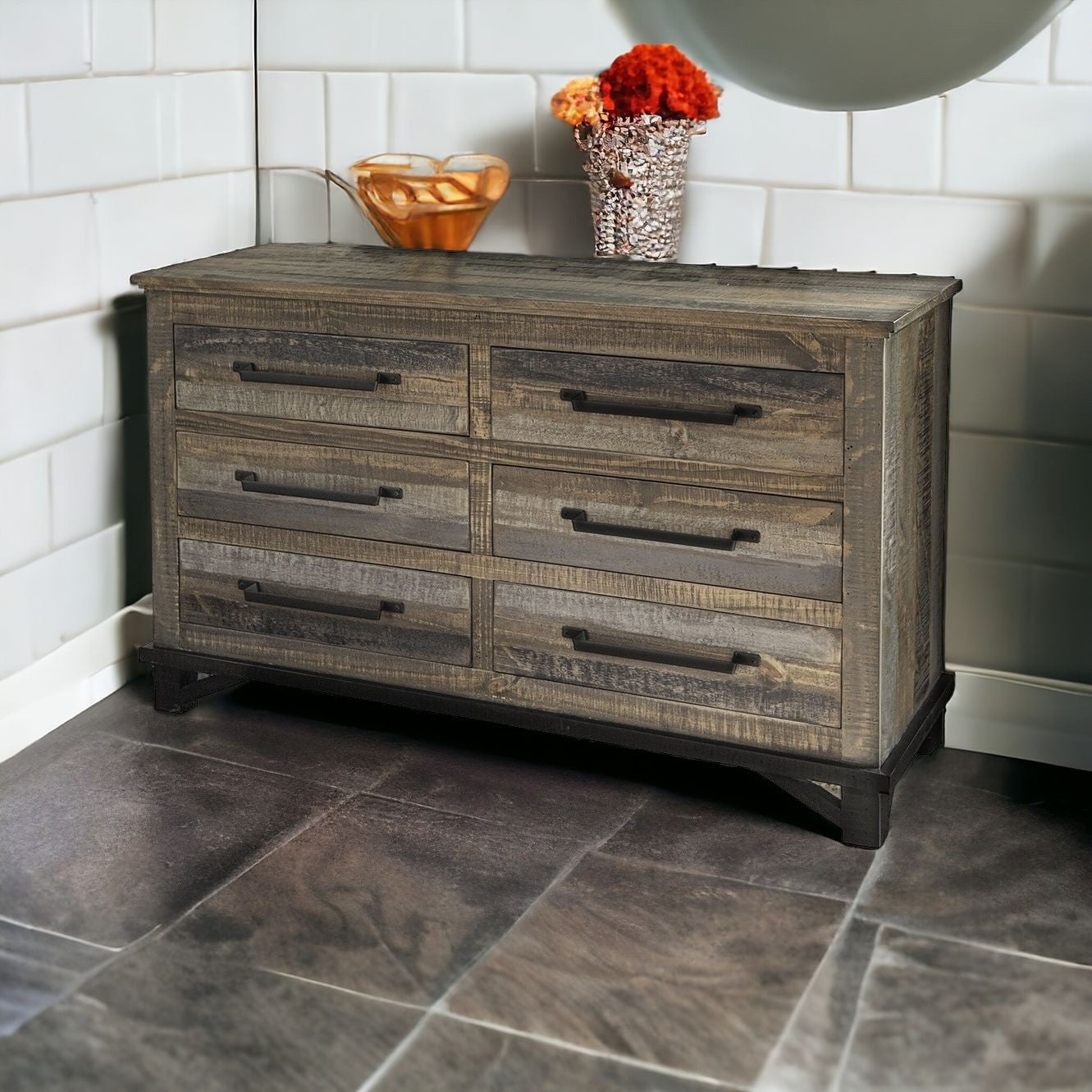 56" Brown Solid Wood Six Drawer Double Dresser-1