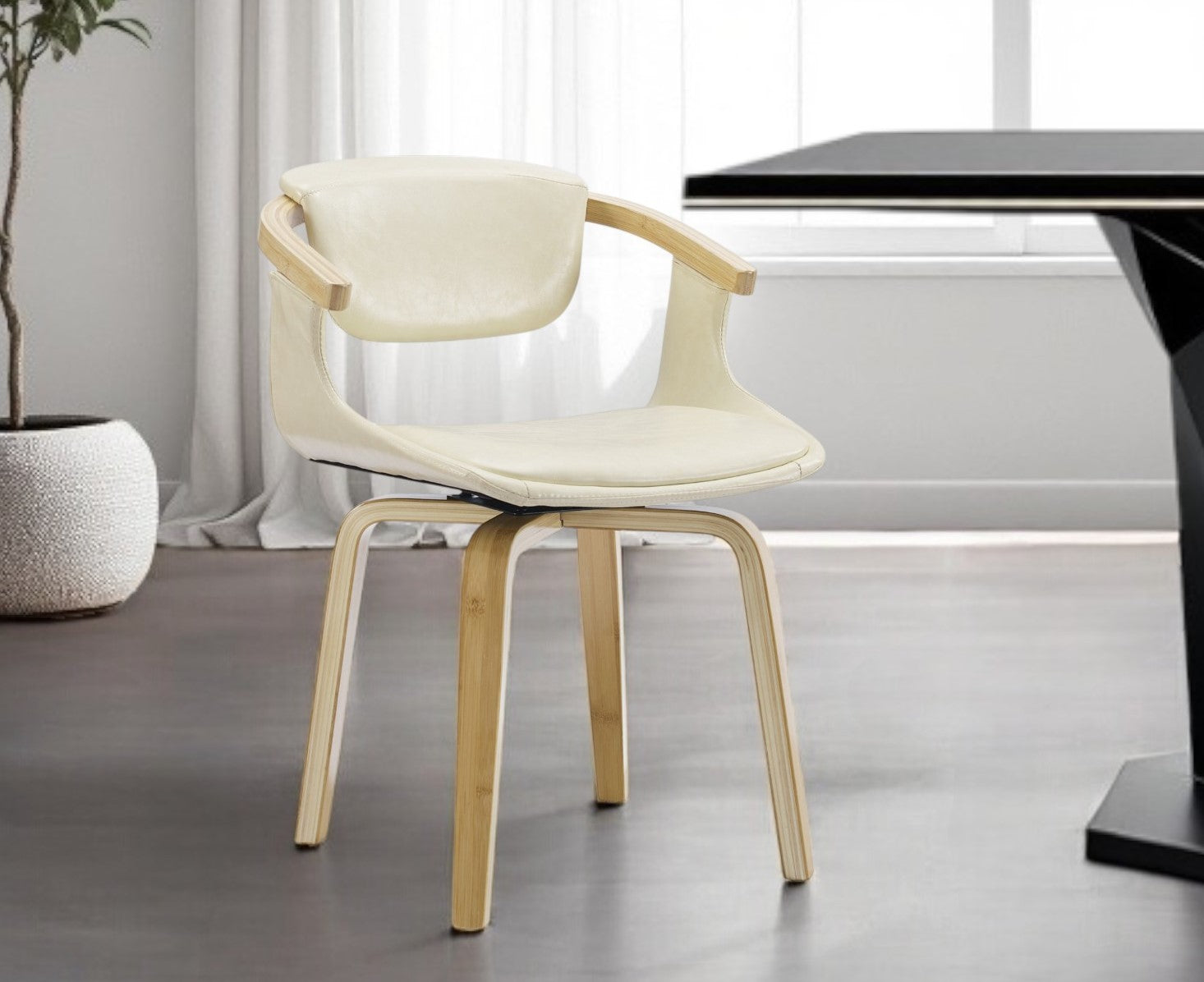 Off White and Natural Upholstered Faux Leather Dining Arm Chair-1